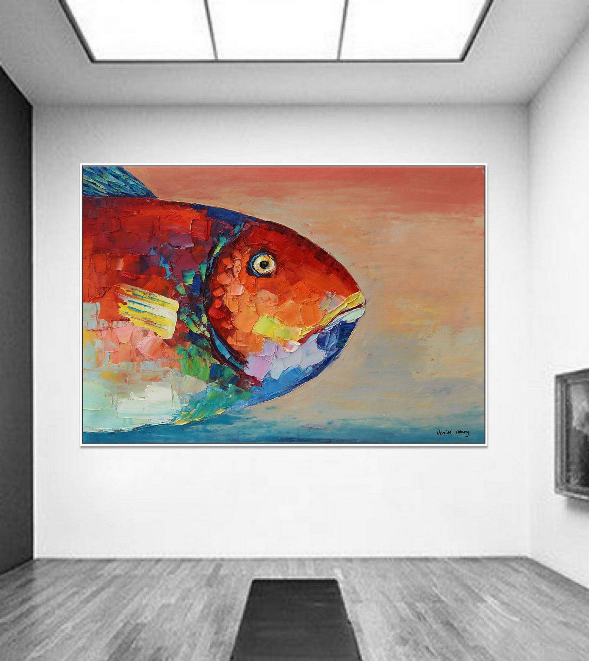 Family Wall Decor, Large Oil Painting Abstract Fish Art, Modern Art, Canvas Art, Original Artwork, Large Canvas Art, Kitchen Sign