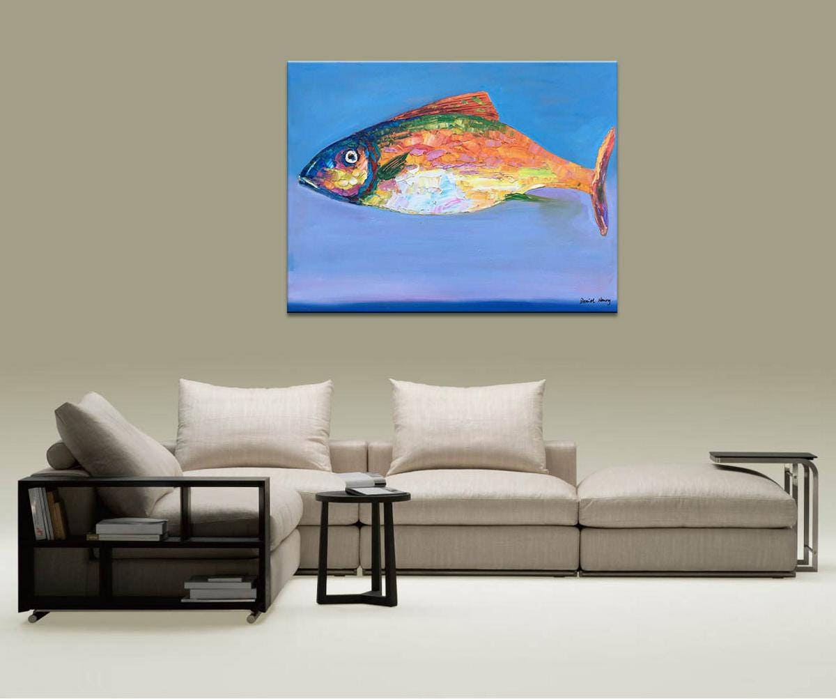 Large Abstract Art, Original Painting, Wall Hanging, Modern Painting, Fish Art, Abstract Oil Painting, Canvas Art, Living Room Wall Art