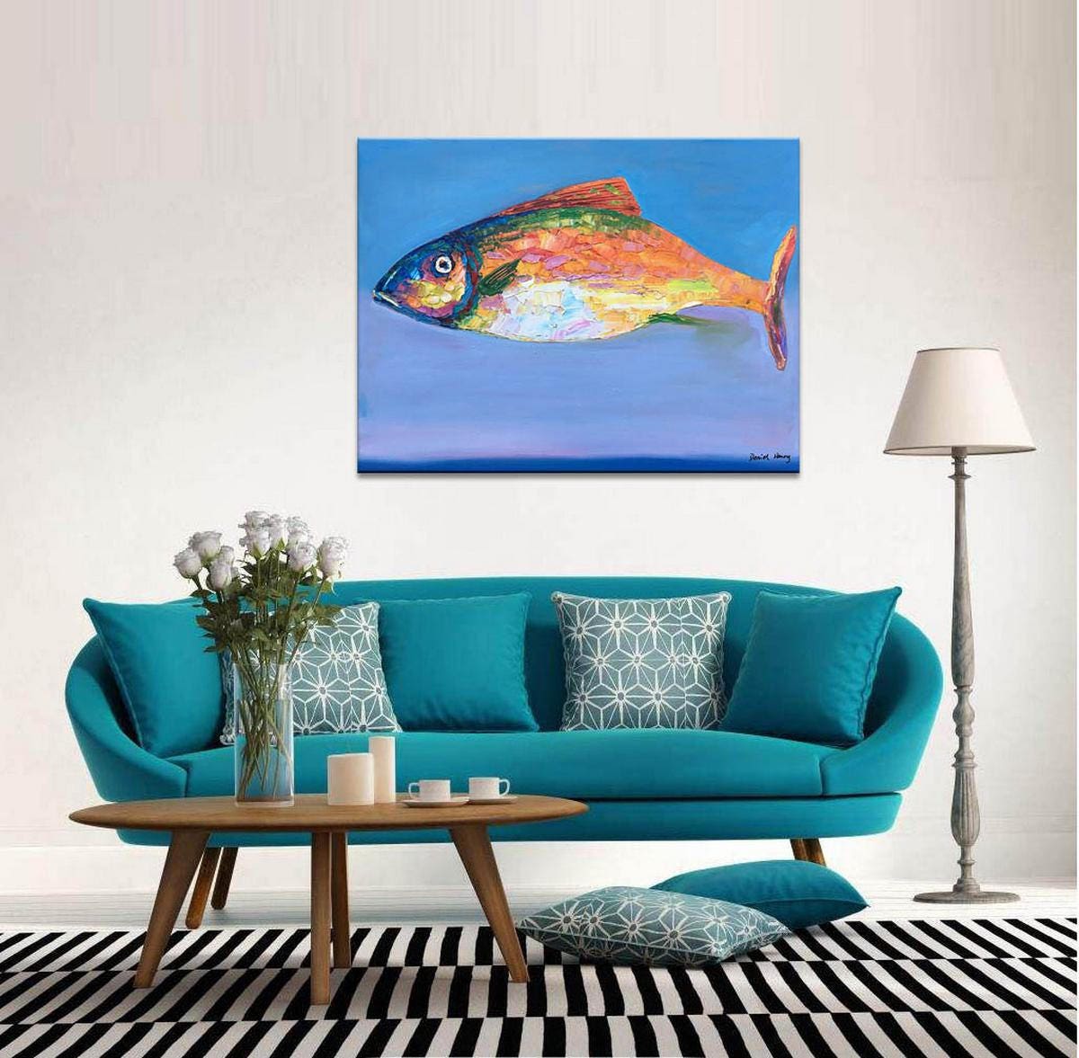 Large Abstract Art, Original Painting, Wall Hanging, Modern Painting, Fish Art, Abstract Oil Painting, Canvas Art, Living Room Wall Art