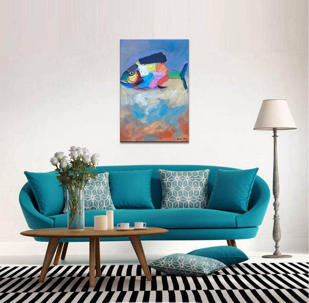 Large Abstract Art, Original Painting, Wall Hanging, Modern Painting, Fish Art, Abstract Oil Painting, Canvas Art, Living Room Wall Art