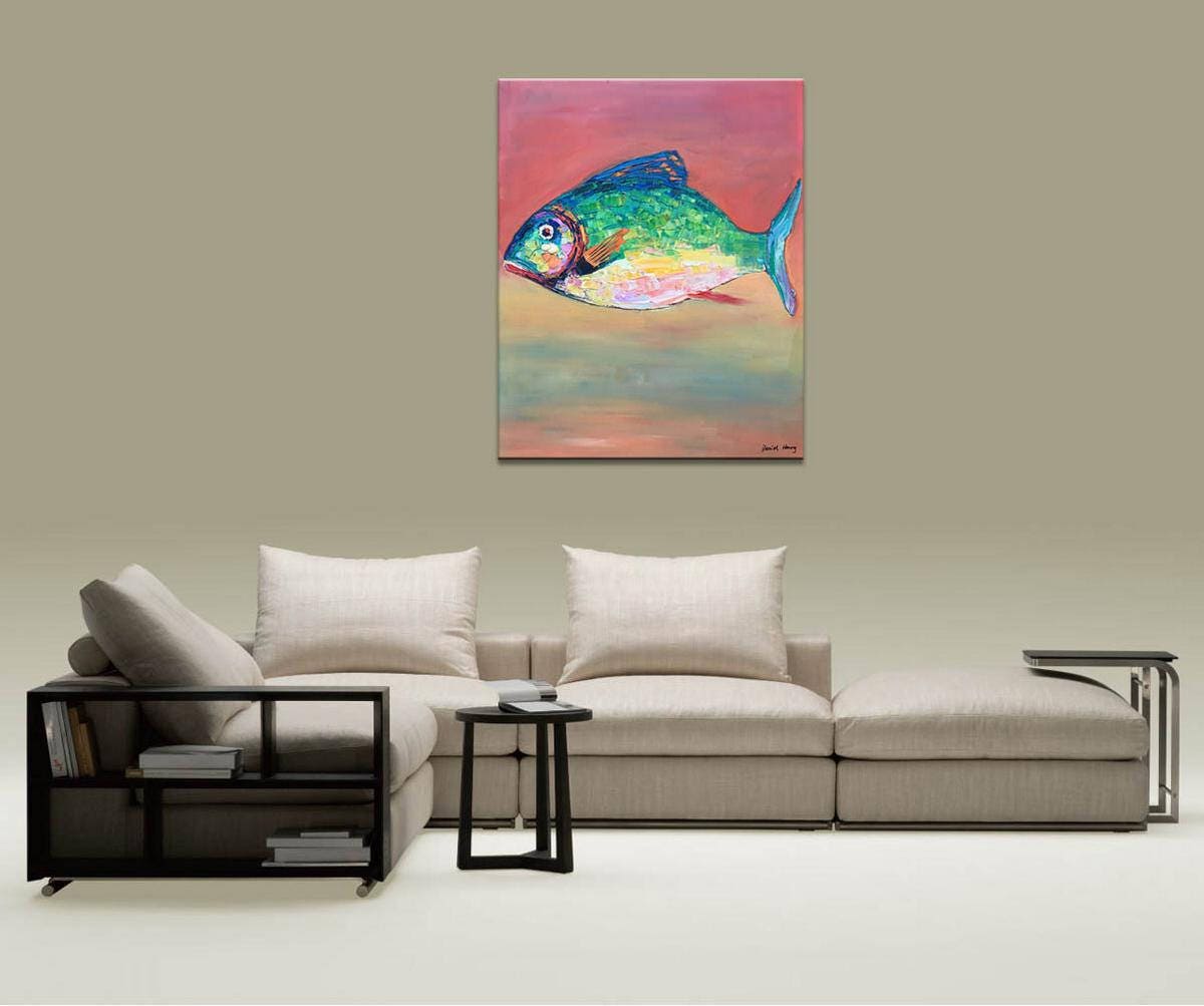 Large Abstract Art, Original Painting, Wall Hanging, Modern Painting, Fish Art, Abstract Oil Painting, Canvas Art, Living Room Wall Art