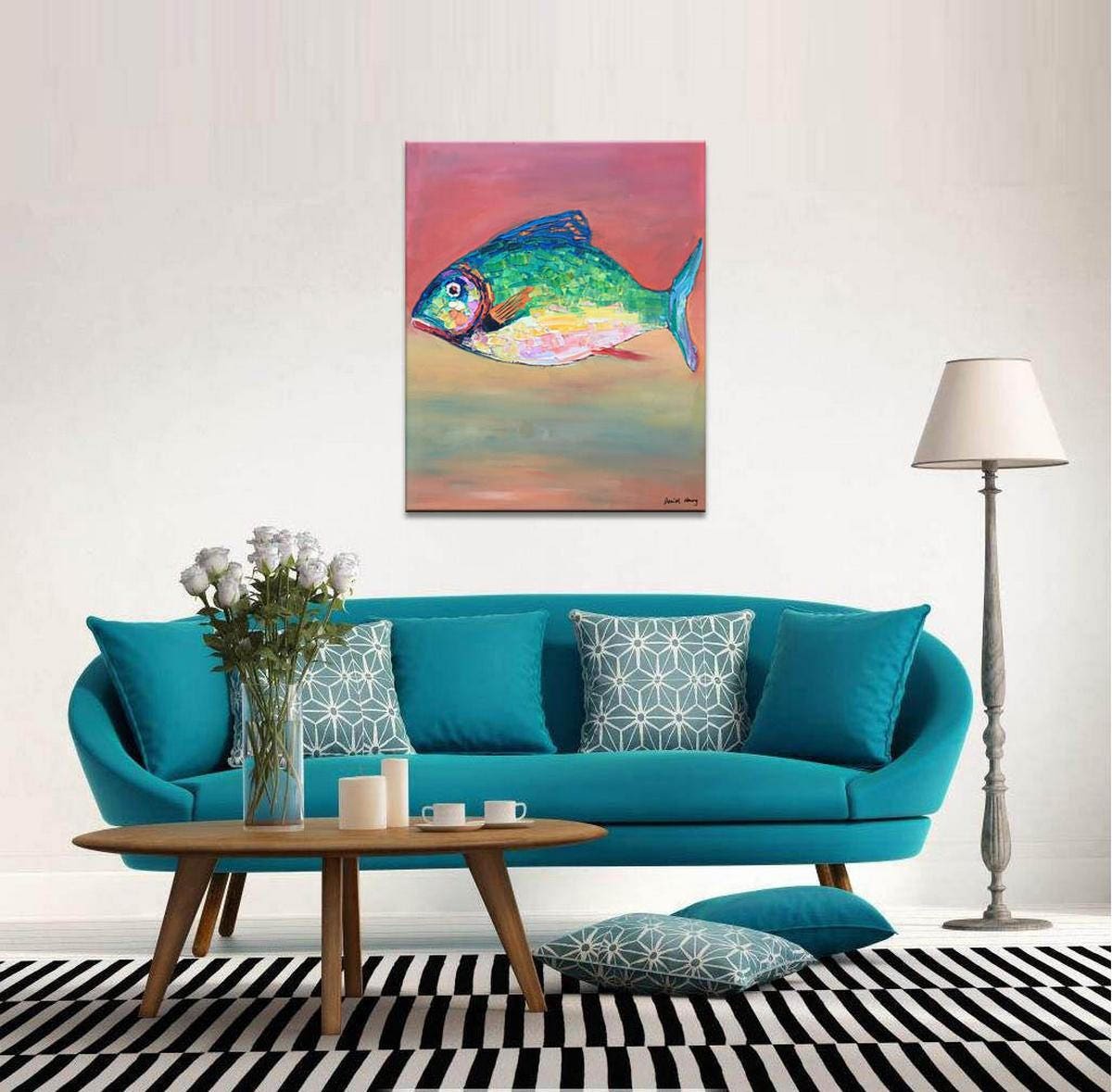 Large Abstract Art, Original Painting, Wall Hanging, Modern Painting, Fish Art, Abstract Oil Painting, Canvas Art, Living Room Wall Art