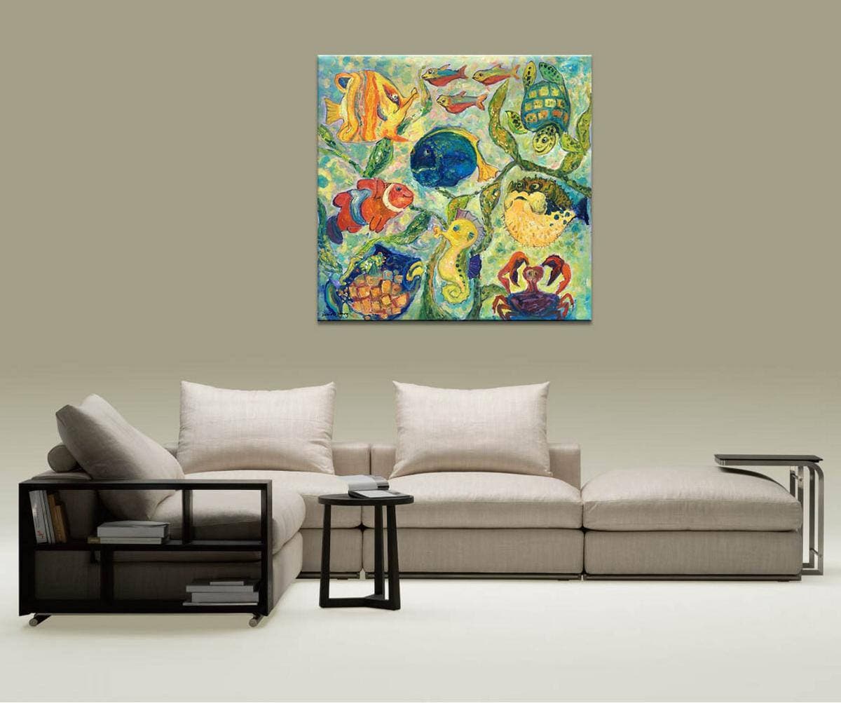 Oil Painting Abstract, Fishes Wall Art, Modern Art, Original Art, Kid's Room Wall Decor, Canvas Art, Large Canvas Painting, Sea World