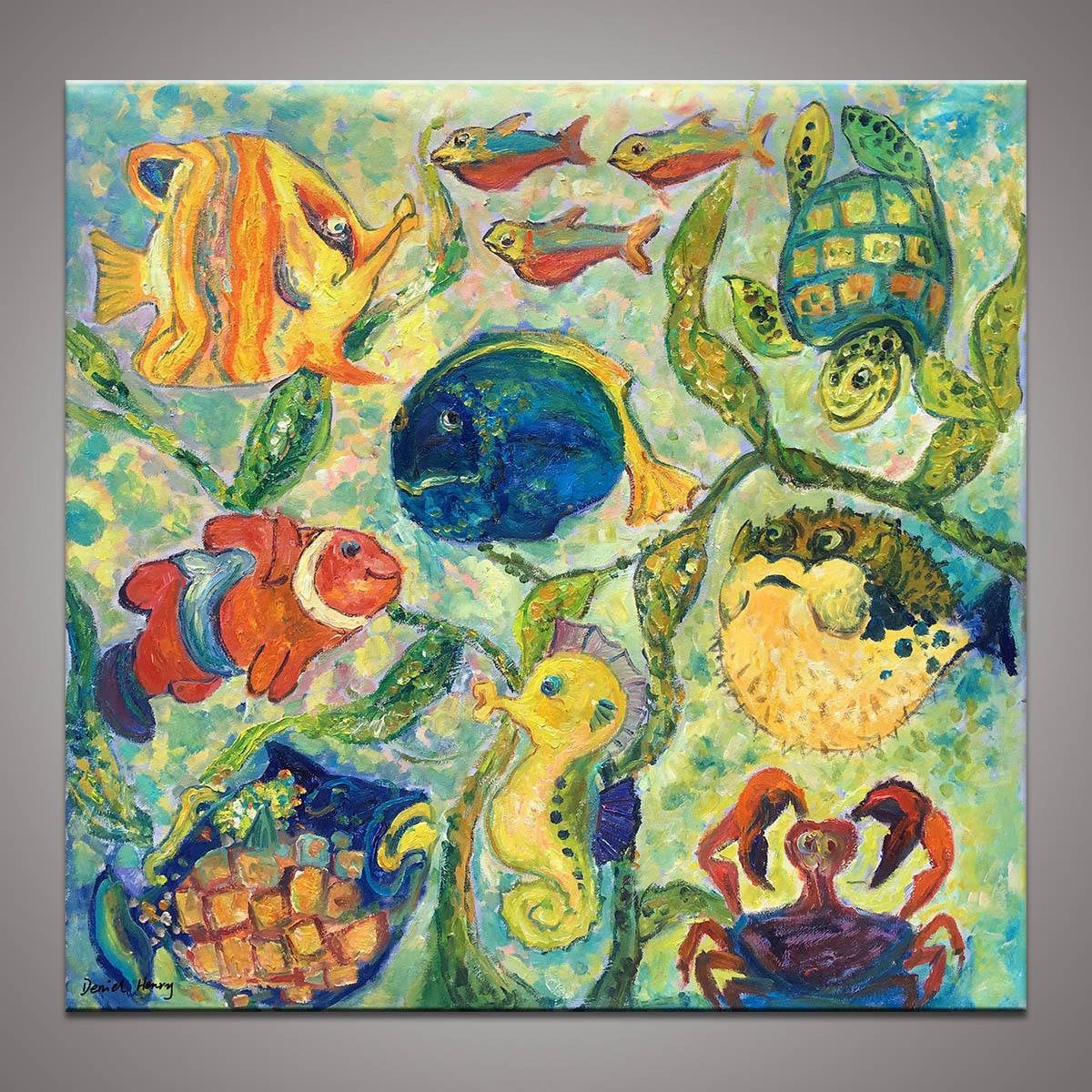 Oil Painting Abstract, Fishes Wall Art, Modern Art, Original Art, Kid's Room Wall Decor, Canvas Art, Large Canvas Painting, Sea World