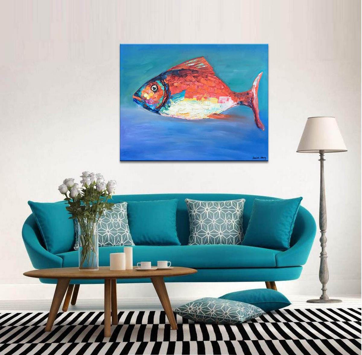 Fish Oil Painting,  Contemporary Art, Large Canvas Art, Bathroom Decor, Fish Wall Art, Original Art, Abstract Canvas Art, Large Wall Art