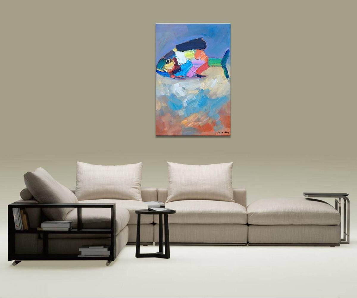 Large Abstract Art, Original Painting, Wall Hanging, Modern Painting, Fish Art, Abstract Oil Painting, Canvas Art, Living Room Wall Art