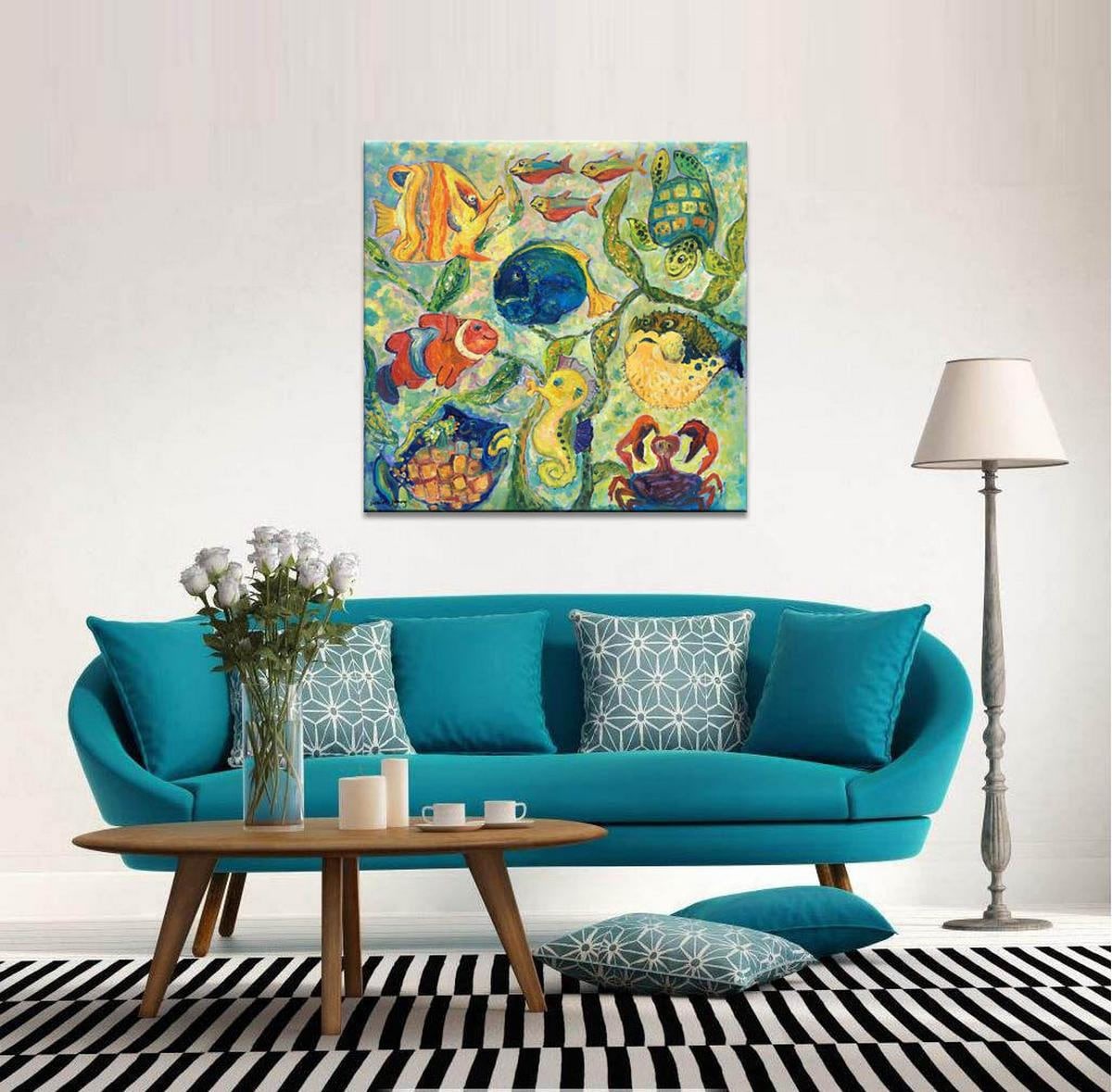 Oil Painting Abstract, Fishes Wall Art, Modern Art, Original Art, Kid's Room Wall Decor, Canvas Art, Large Canvas Painting, Sea World