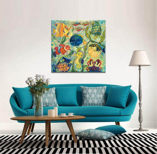 Oil Painting Abstract, Fishes Wall Art, Modern Art, Original Art, Kid's Room Wall Decor, Canvas Art, Large Canvas Painting, Sea World