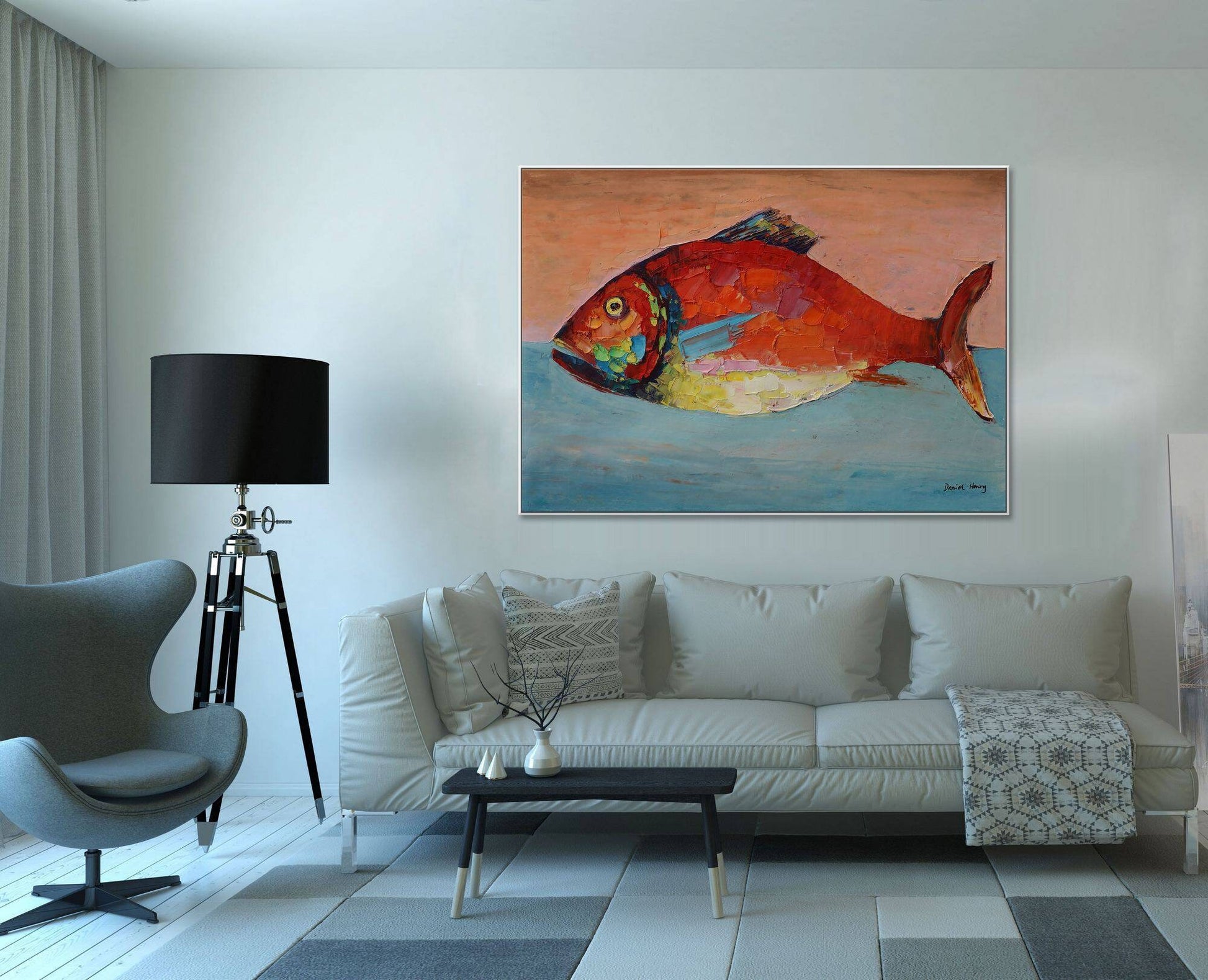 Fish Canvas Painting, Large Abstract Art, Abstract Oil Painting, Bedroom Wall Decor, Original Oil Painting, Modern Painting, Wall Art