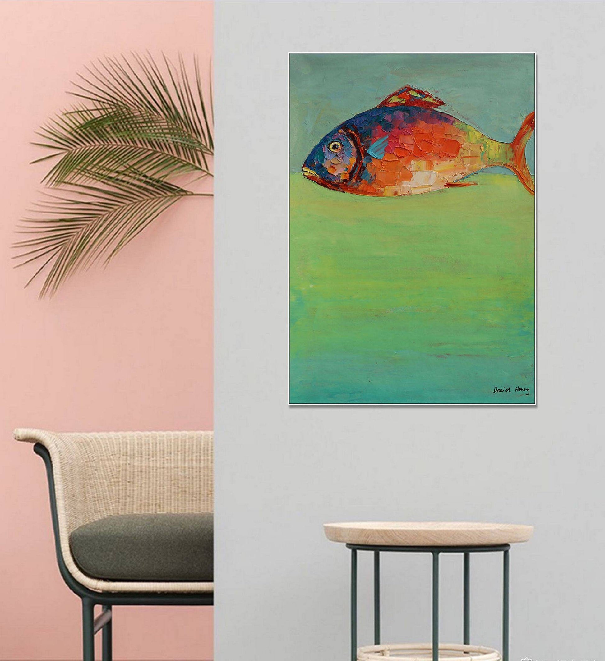 Original Abstract Painting Fish, Contemporary Art, Wall Hanging, Bathroom Wall Art, Large Art, Abstract Painting, Abstract Canvas Painting