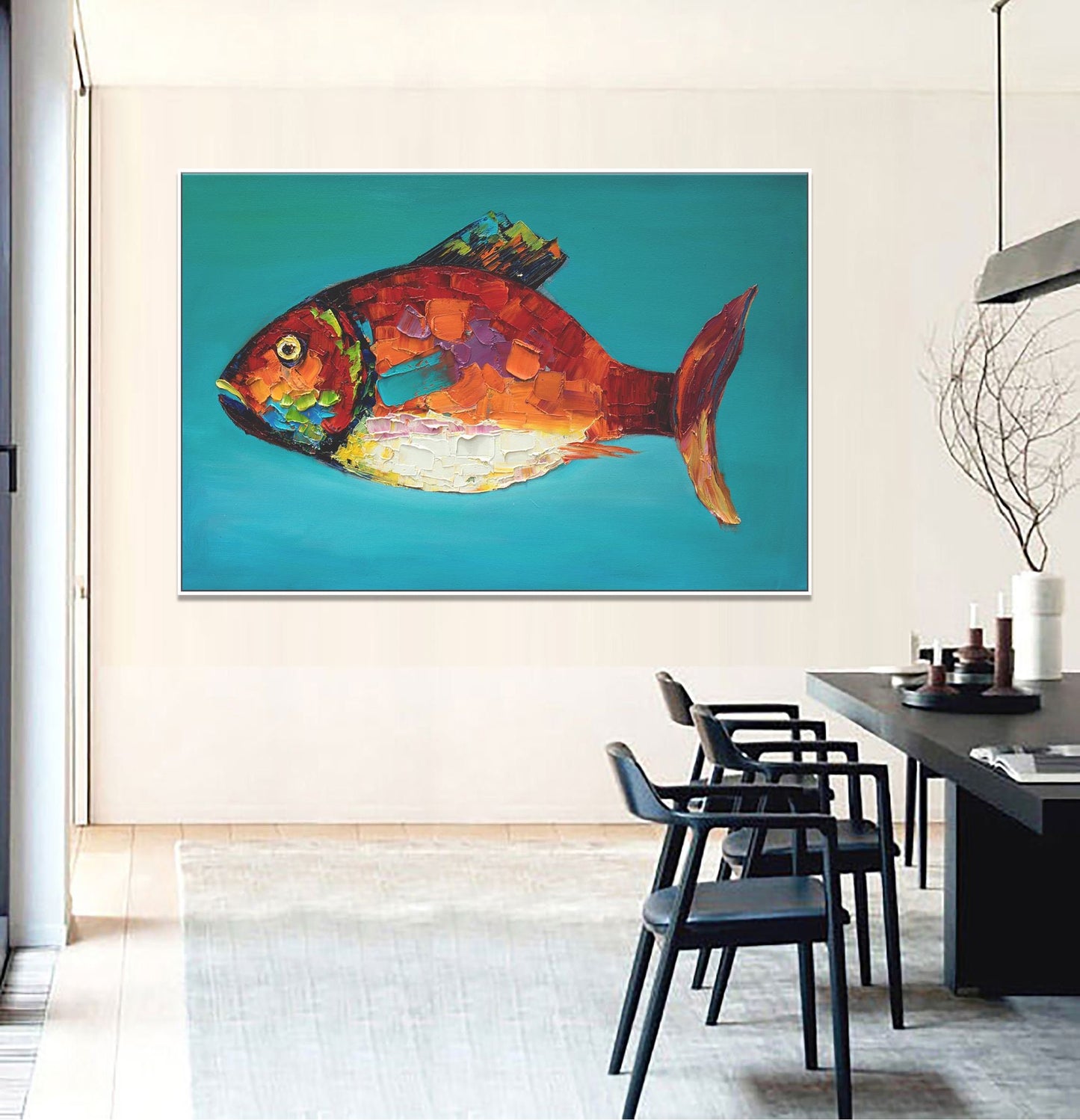 Large Canvas Painting Fish, Abstract Art, Modern Art, Abstract Canvas Painting, Wall Art, Oil Painting Original, Living Room Art