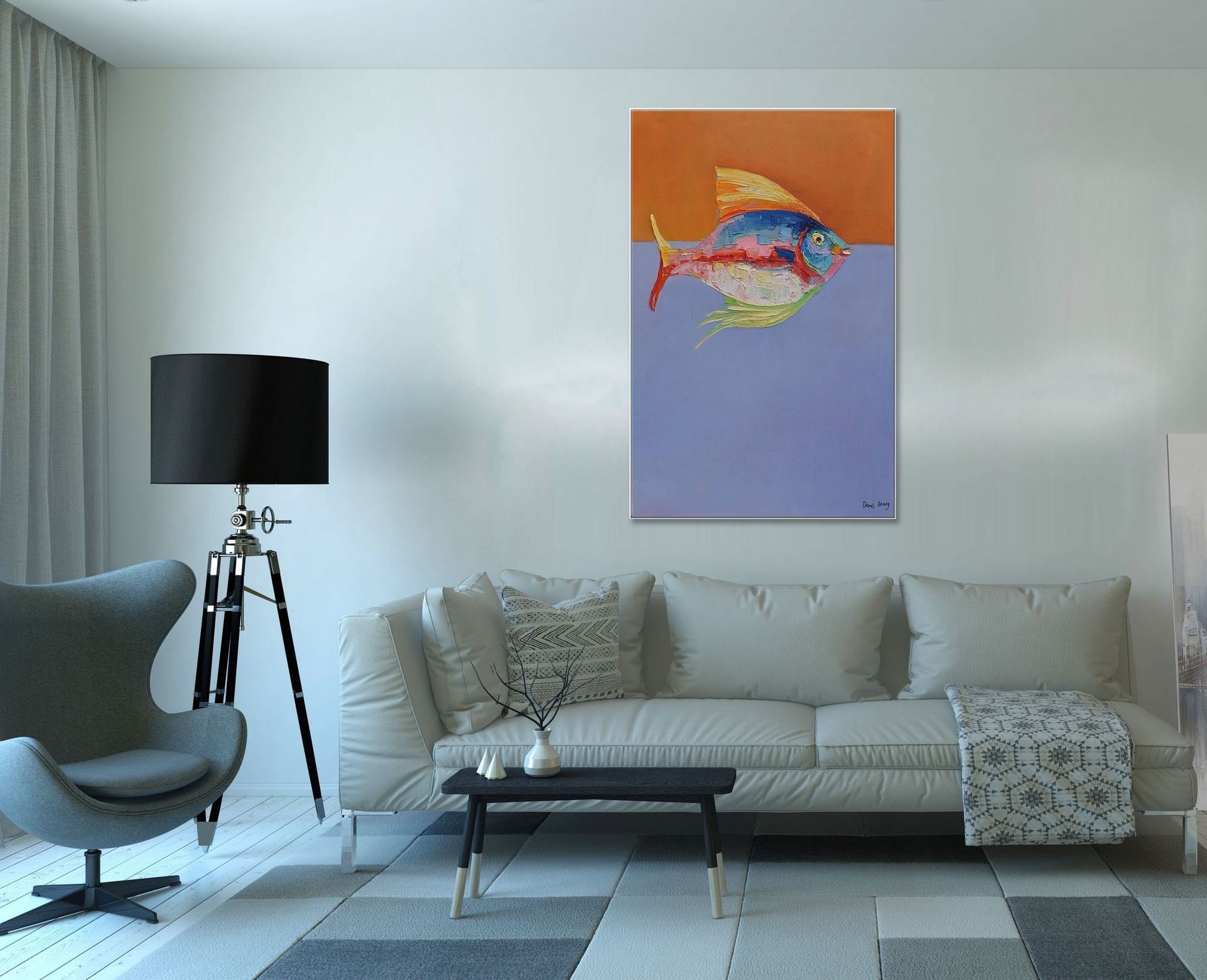 Abstract Canvas Painting Fish, Modern Painting, Large Art, Abstract Oil Painting, Original Art, Large Wall Art, Bathroom Wall Art