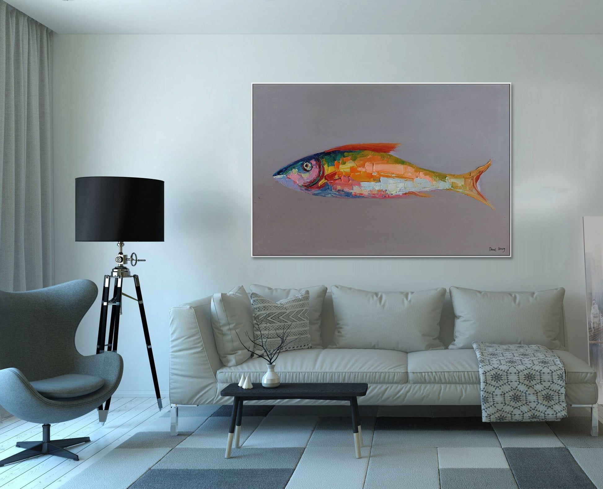 Family Wall Decor, Contemporary Painting, Abstract Oil Painting, Large Canvas Art, Fish Wall Art Abstract Canvas Painting, Original Painting