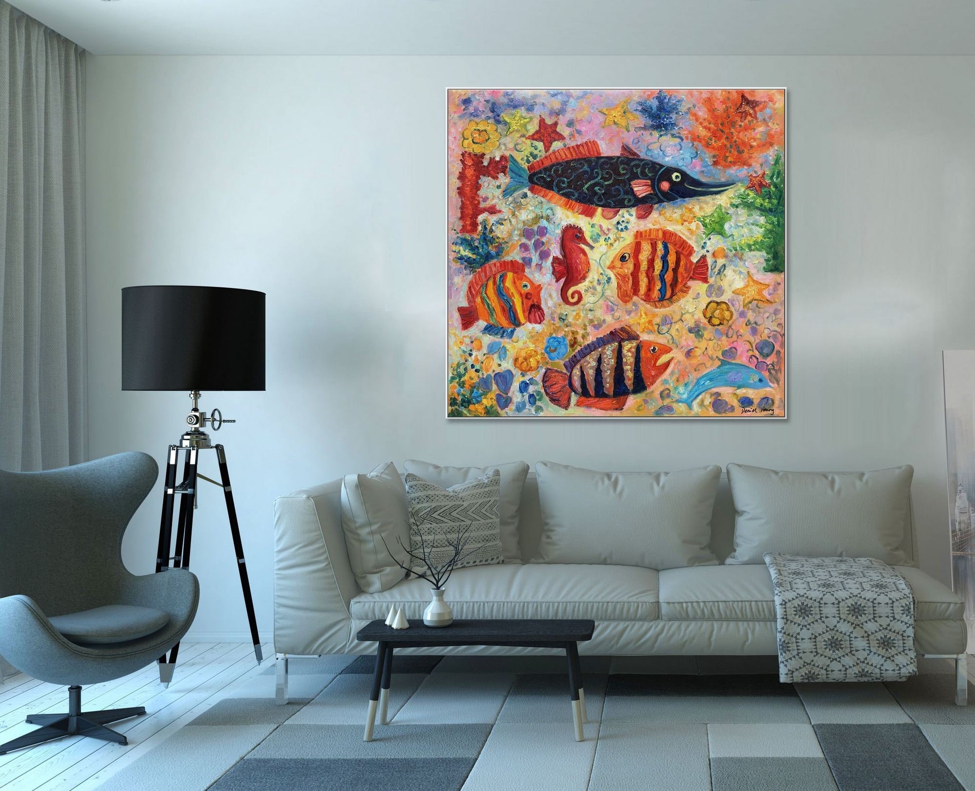 Oil Painting Abstract Fishes Painting, Kids Room Decor, Large Canvas Painting, Original Oil Painting, Abstract Canvas Painting, Abstract Art