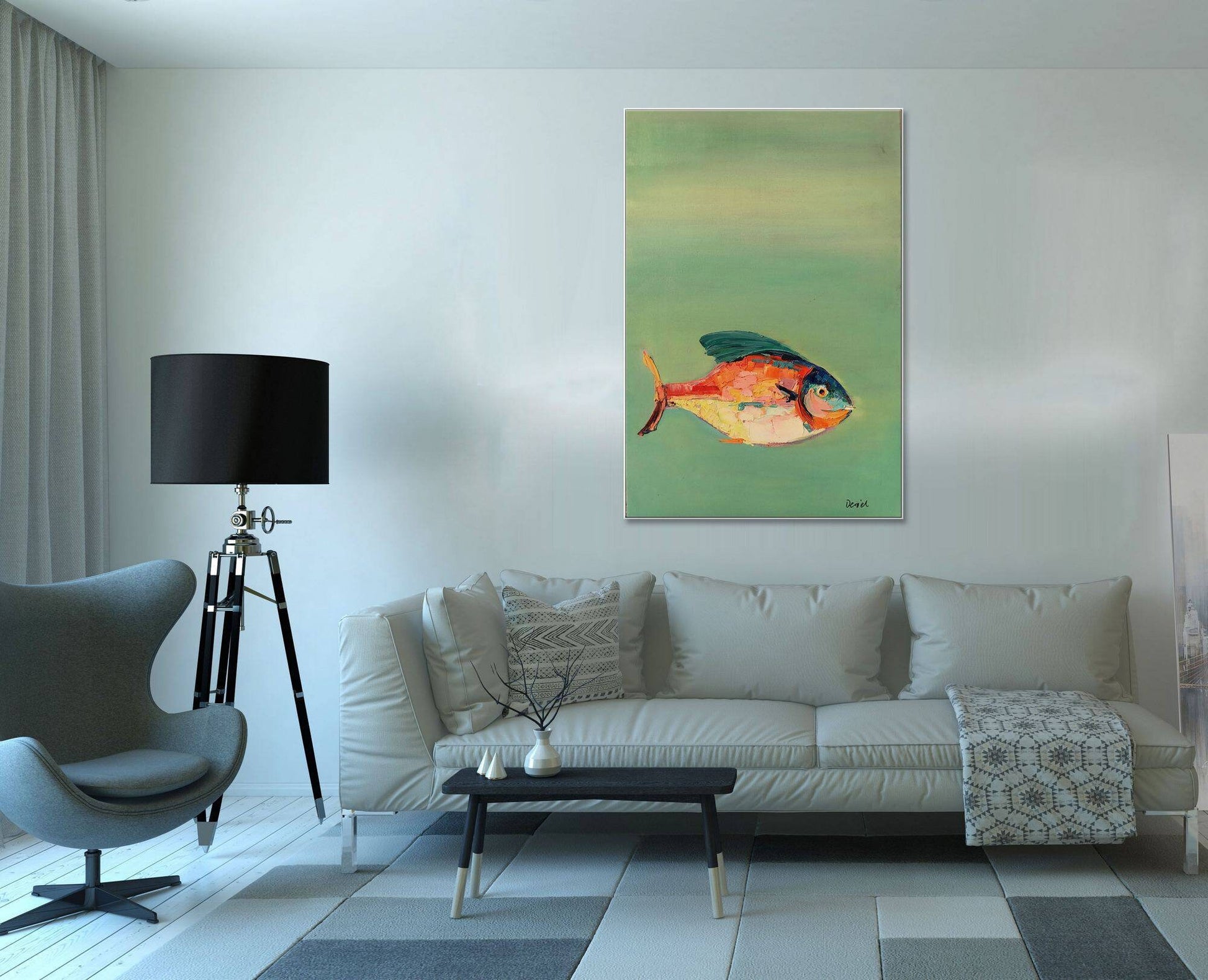 Large Art Fish Oil Painting, Contemporary Wall Art, Abstract Canvas Painting, String Lights For Bedroom, Modern Art, Abstract Art