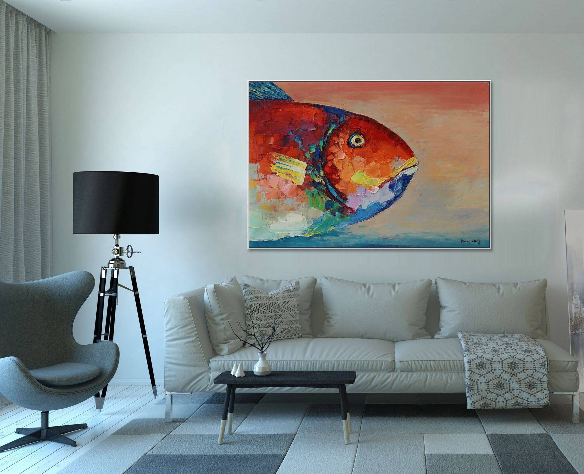 Family Wall Decor, Large Oil Painting Abstract Fish Art, Modern Art, Canvas Art, Original Artwork, Large Canvas Art, Kitchen Sign