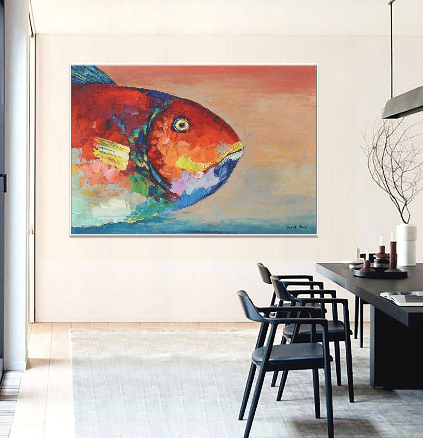 Family Wall Decor, Large Oil Painting Abstract Fish Art, Modern Art, Canvas Art, Original Artwork, Large Canvas Art, Kitchen Sign