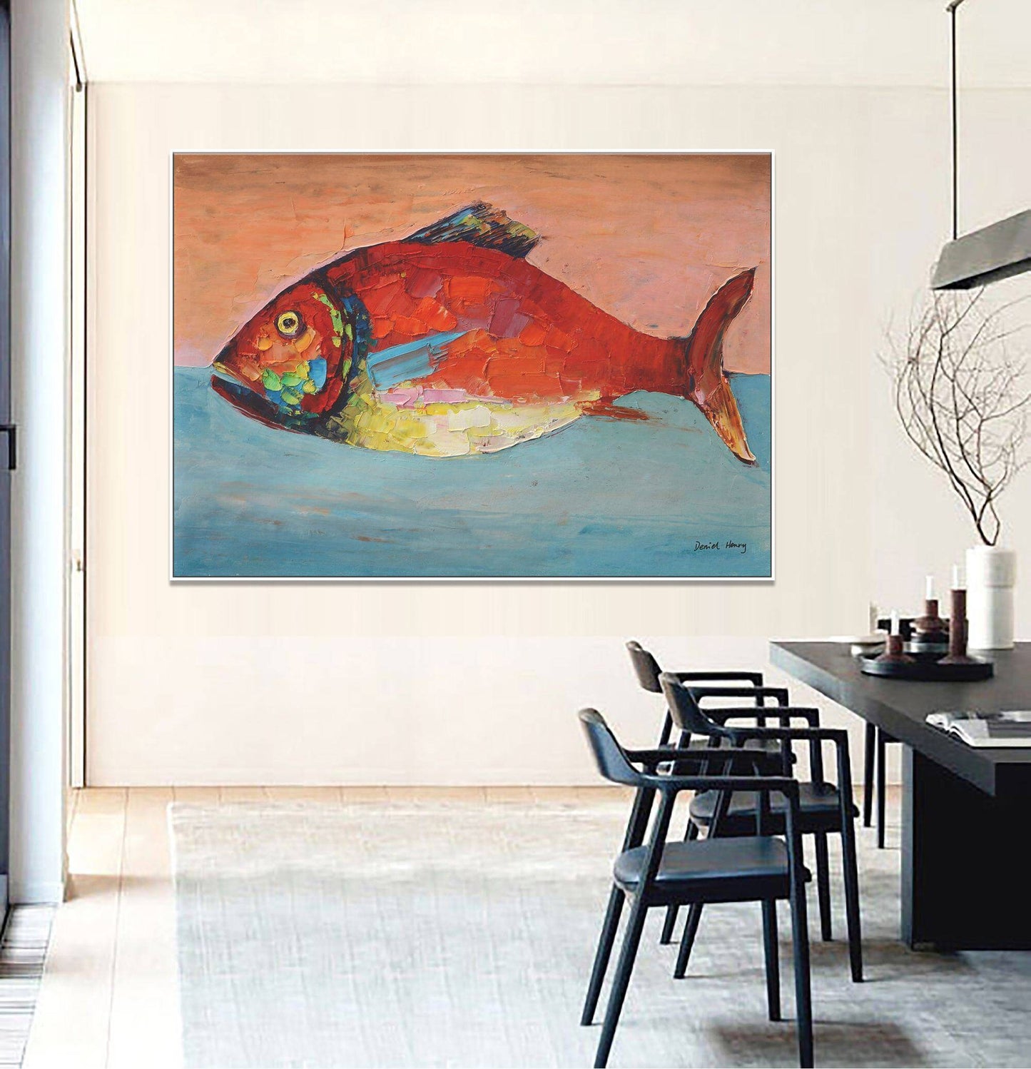 Fish Canvas Painting, Large Abstract Art, Abstract Oil Painting, Bedroom Wall Decor, Original Oil Painting, Modern Painting, Wall Art