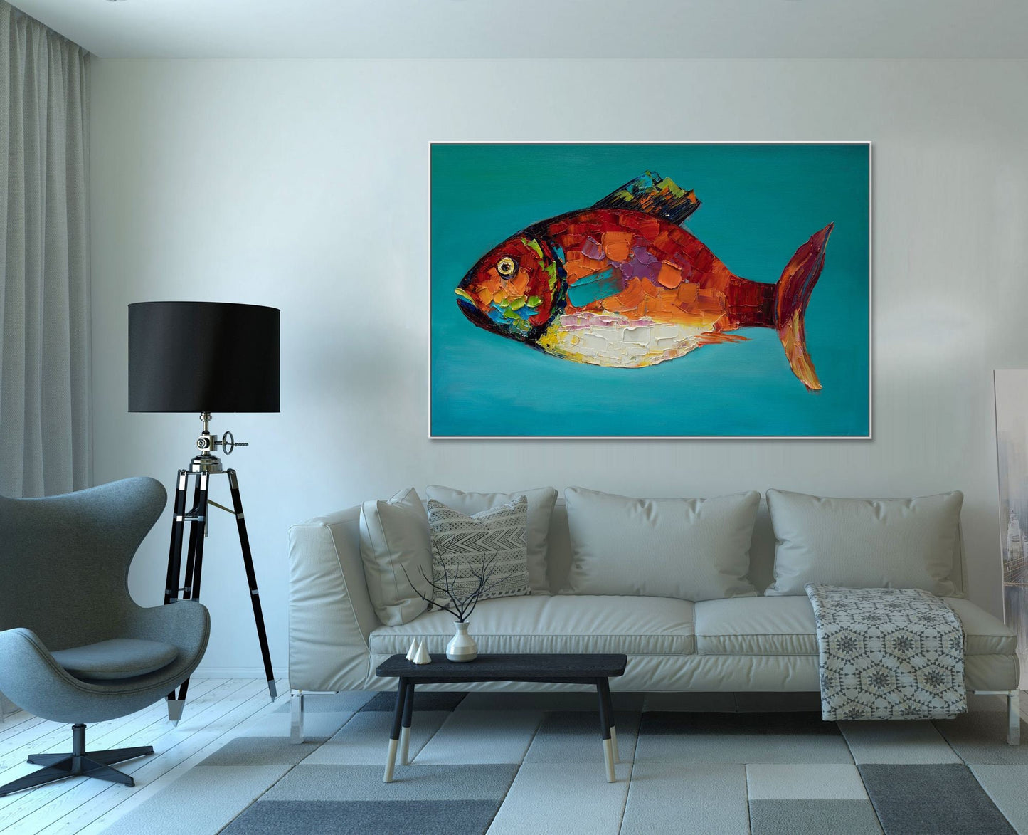 Large Canvas Painting Fish, Abstract Art, Modern Art, Abstract Canvas Painting, Wall Art, Oil Painting Original, Living Room Art