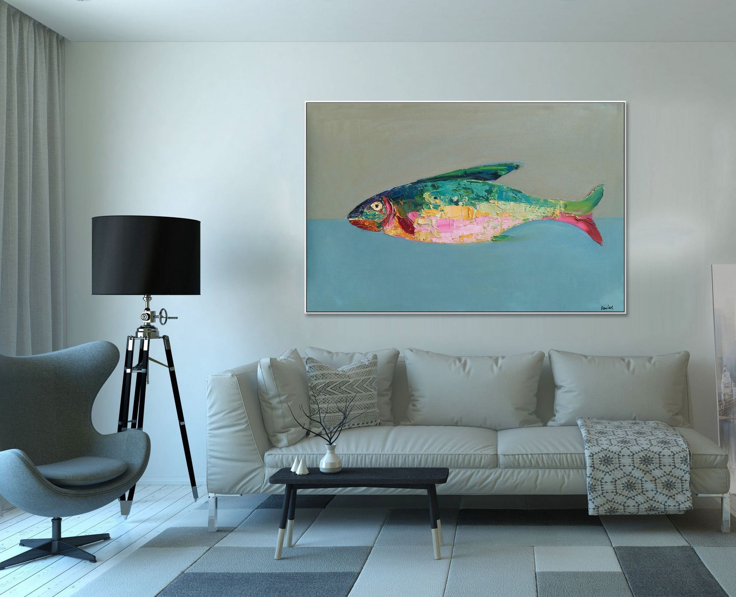 Abstract Oil Painting Fish, Original Abstract Art, Abstract Canvas Art, Large Abstract Painting, Contemporary Art, Kitchen Wall Art