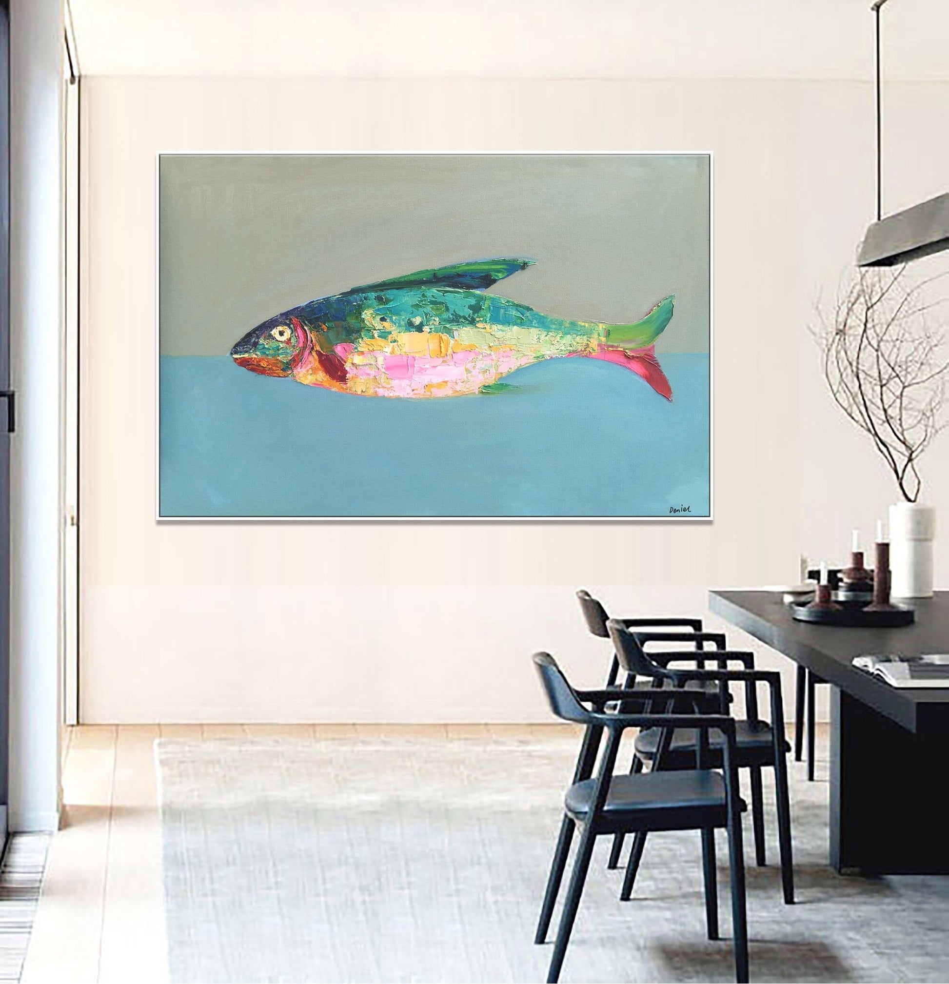 Abstract Oil Painting Fish, Original Abstract Art, Abstract Canvas Art, Large Abstract Painting, Contemporary Art, Kitchen Wall Art