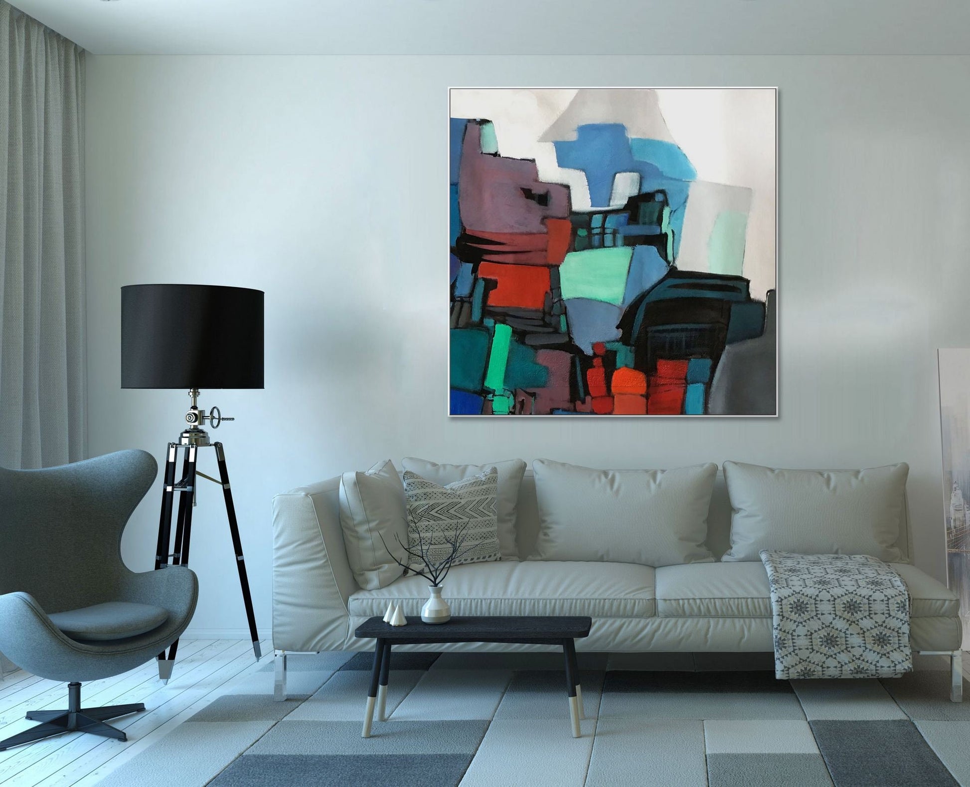 Abstract Painting Pearl Aqua, Blue-Gray And Red, Paintings On Canvas, Large Wall Art, Canvas Wall Art, Original Art Painting, Handmade