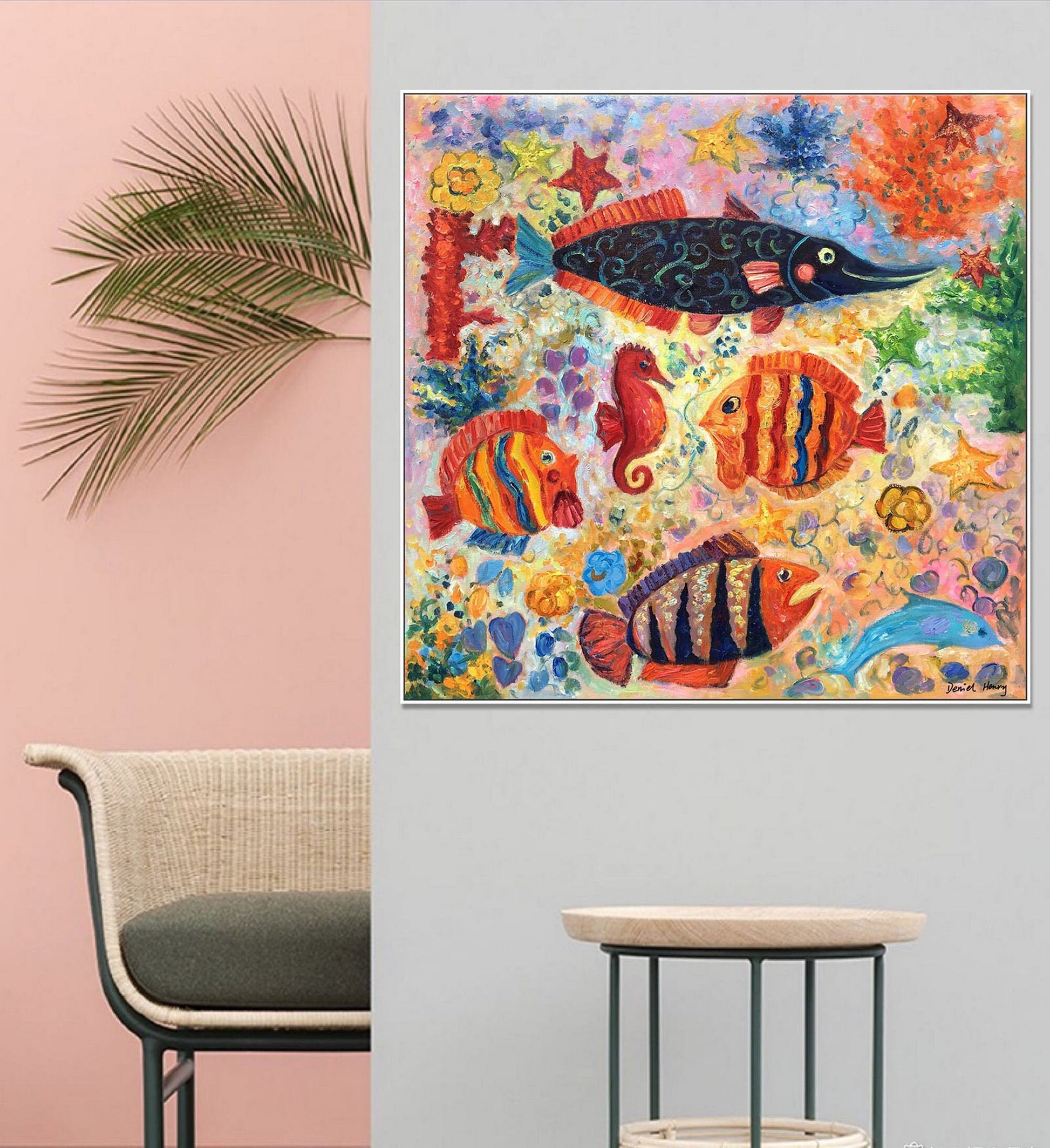 Oil Painting Abstract Fishes Painting, Kids Room Decor, Large Canvas Painting, Original Oil Painting, Abstract Canvas Painting, Abstract Art