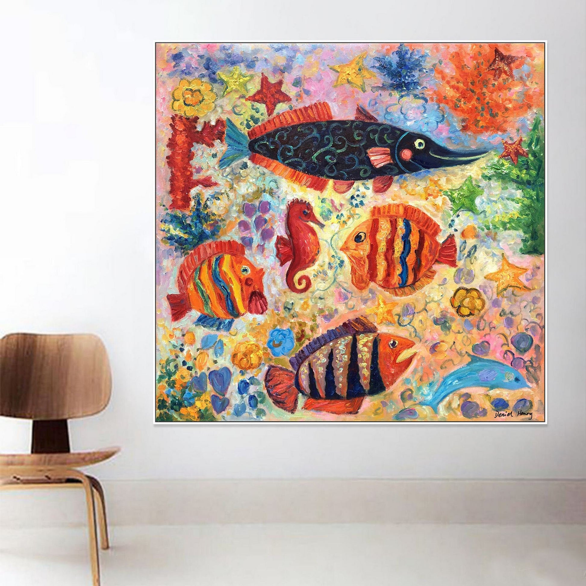 Oil Painting Abstract Fishes Painting, Kids Room Decor, Large Canvas Painting, Original Oil Painting, Abstract Canvas Painting, Abstract Art