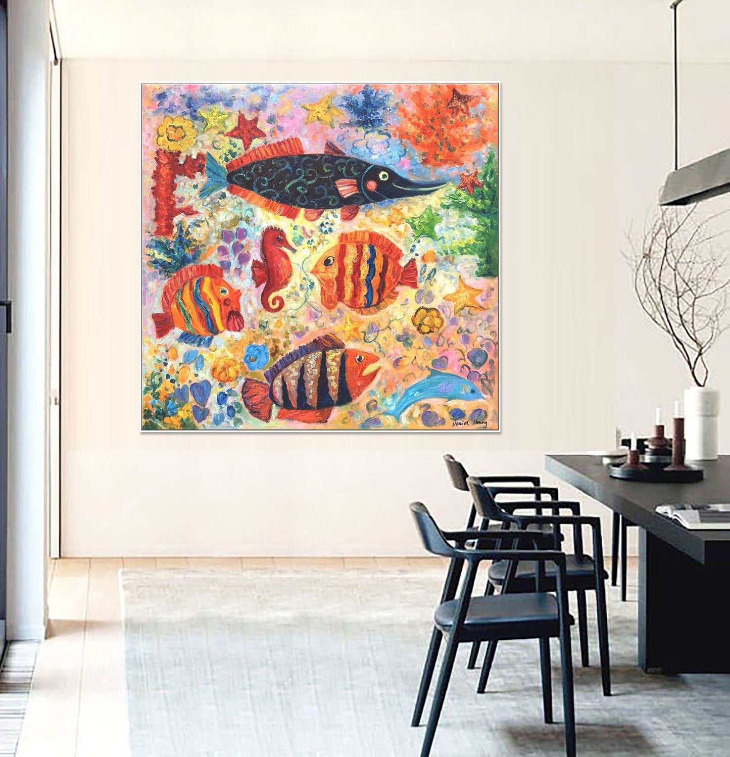 Oil Painting Abstract Fishes Painting, Kids Room Decor, Large Canvas Painting, Original Oil Painting, Abstract Canvas Painting, Abstract Art