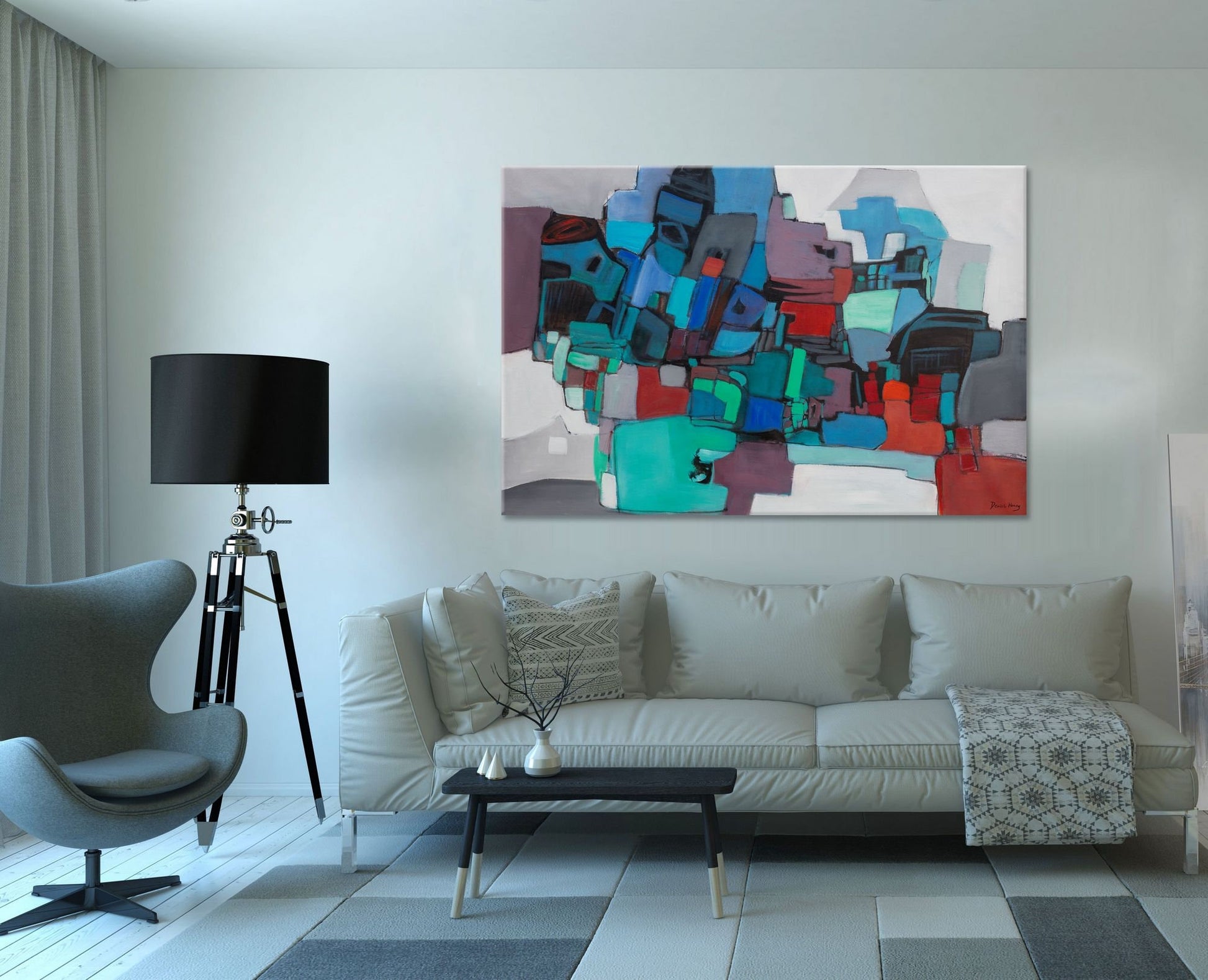 Abstract Painting Ball Blue, Mountain Meadow And Red, Large Art, Oversized Paintings On Canvas, Abstract Painting, Aesthetic Room Decor