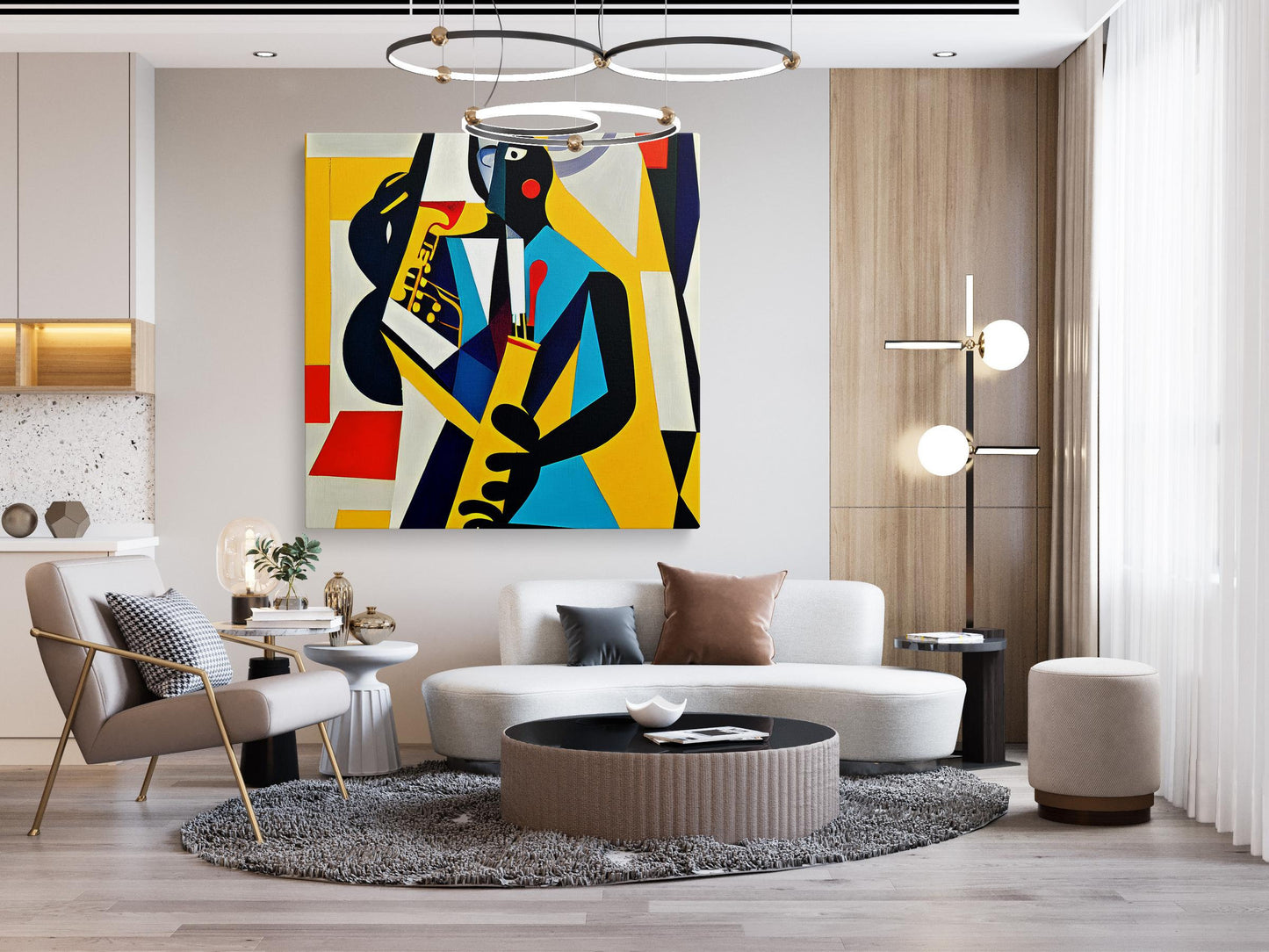 Abstract Painting Jazz Musician Playing Saxophone, Abstract Fine Art, Paintings On Canvas, Large Painting, Cubist, Canvas Wall Art