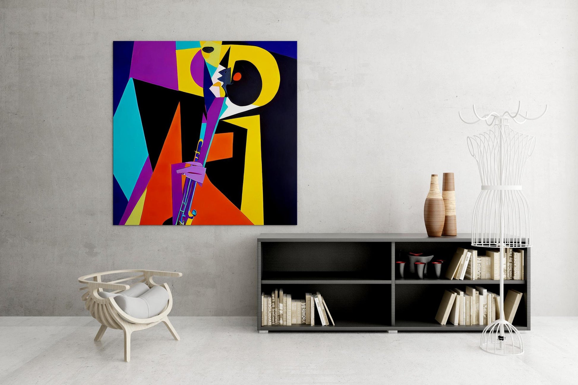 Abstract Painting Jazz Musician Playing Saxophone, Abstract Cubist Art, Paintings On Canvas, Oversized Painting, Abstract Art, Bedroom Decor