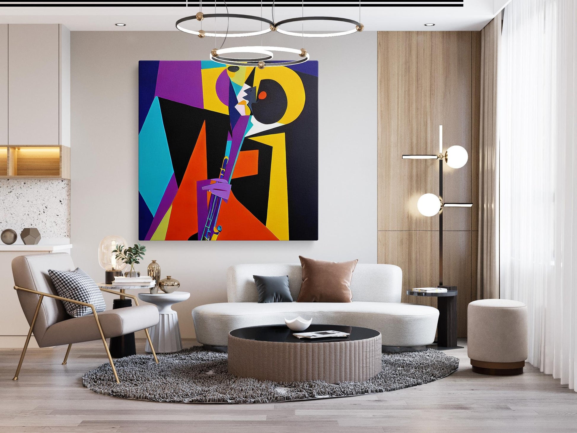 Abstract Painting Jazz Musician Playing Saxophone, Abstract Cubist Art, Paintings On Canvas, Oversized Painting, Abstract Art, Bedroom Decor