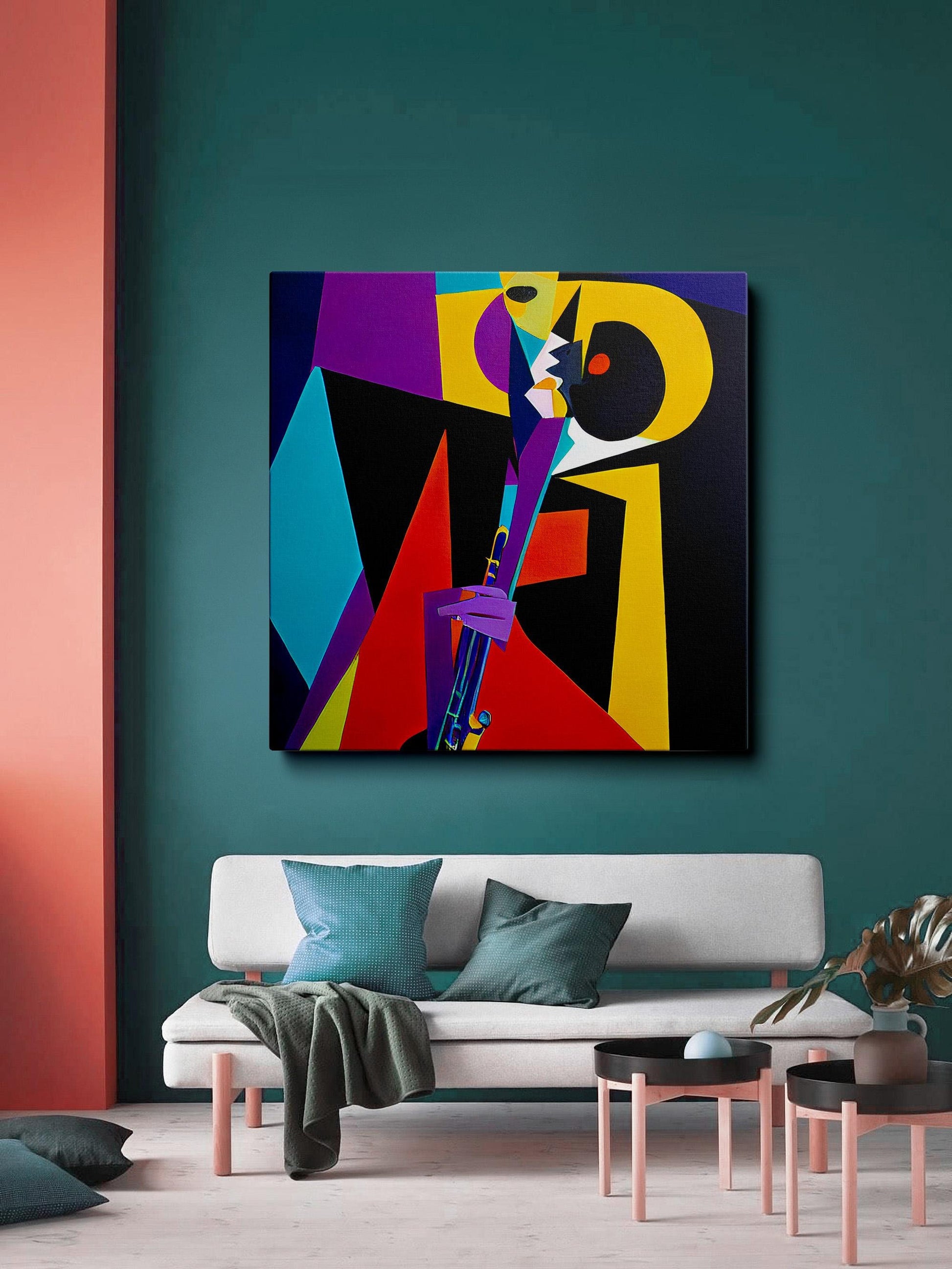 Abstract Painting Jazz Musician Playing Saxophone, Abstract Cubist Art, Paintings On Canvas, Oversized Painting, Abstract Art, Bedroom Decor