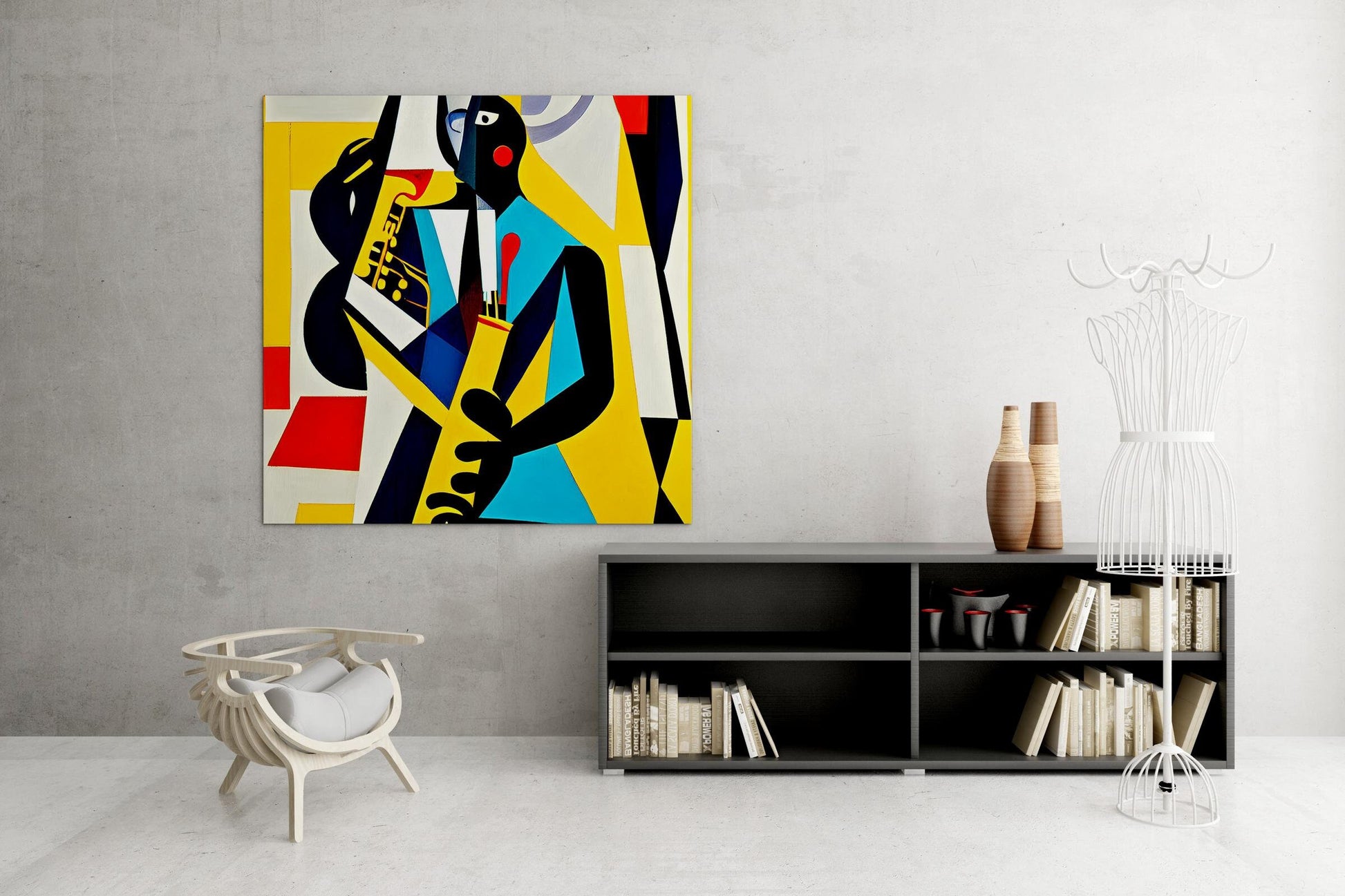 Abstract Painting Jazz Musician Playing Saxophone, Abstract Fine Art, Paintings On Canvas, Large Painting, Cubist, Canvas Wall Art