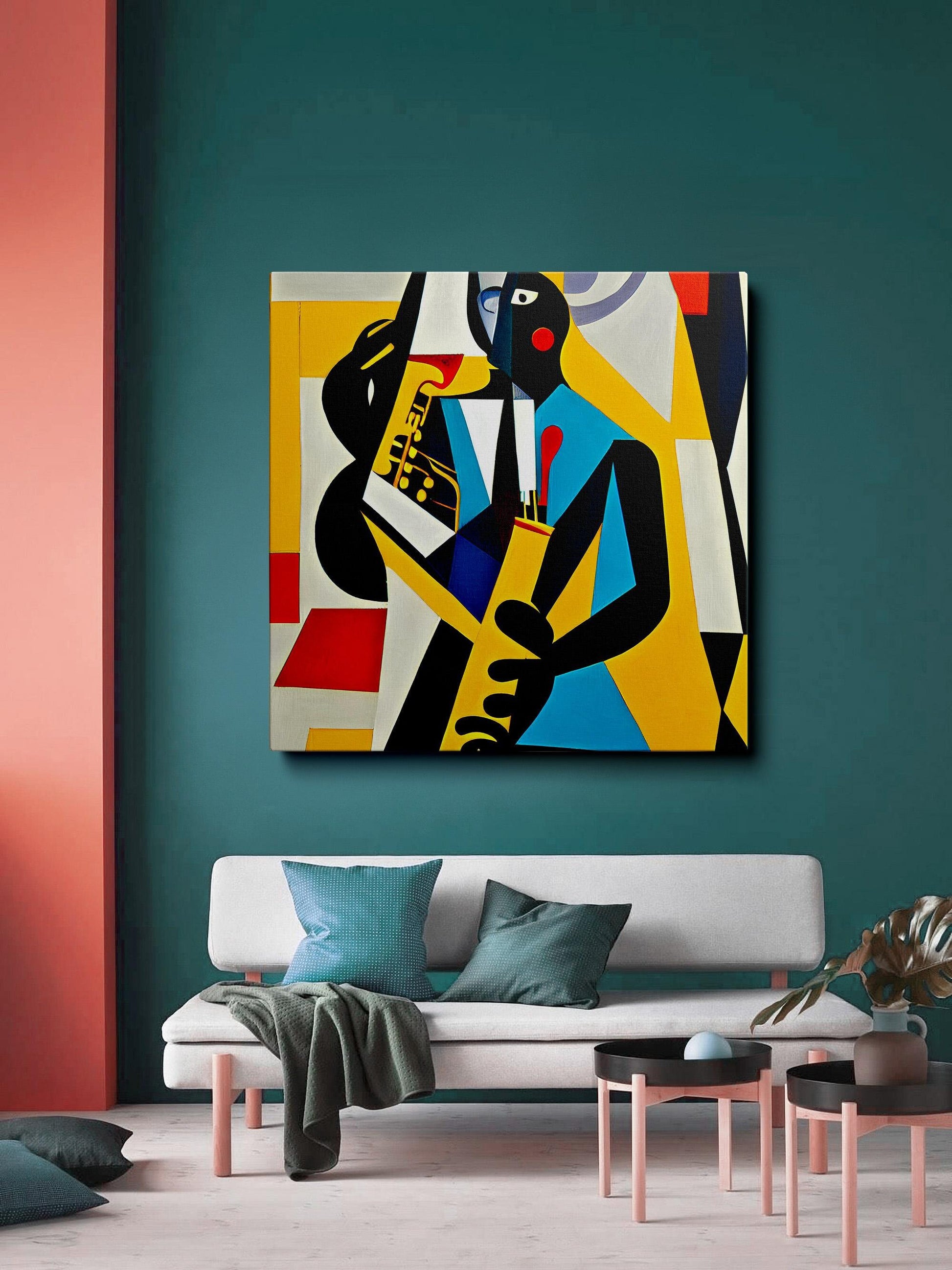 Abstract Painting Jazz Musician Playing Saxophone, Abstract Fine Art, Paintings On Canvas, Large Painting, Cubist, Canvas Wall Art