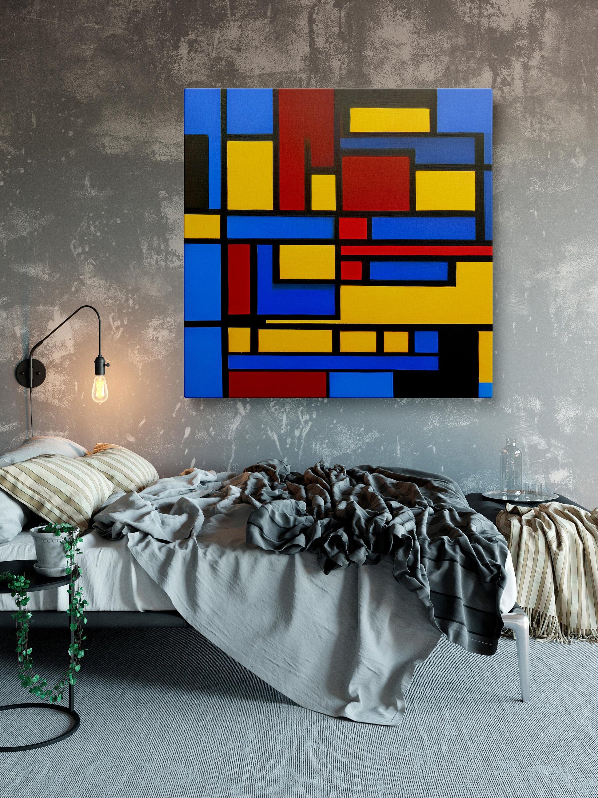 Abstract Oil Painting Mondrian Style, Abstract Painting, Bedroom Wall Art, Canvas Art, Artwork Original Paintings, Handmade Painting