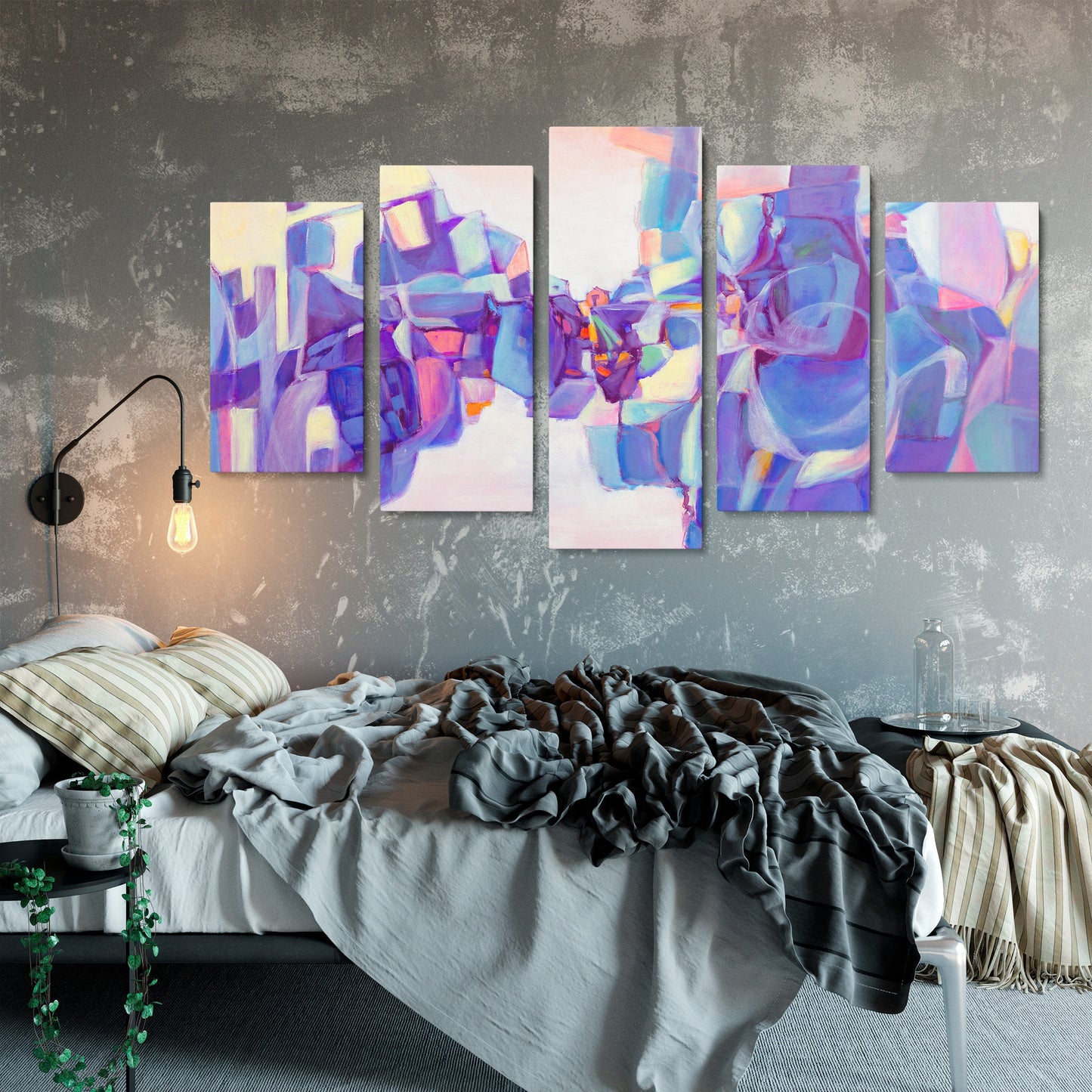 Abstract Wall Art Set Purple And Blue, 5 Panel Wall Art, Acrylic On Canvas, Office Wall Decor, Wall Hanging, Large Original Oil Painting