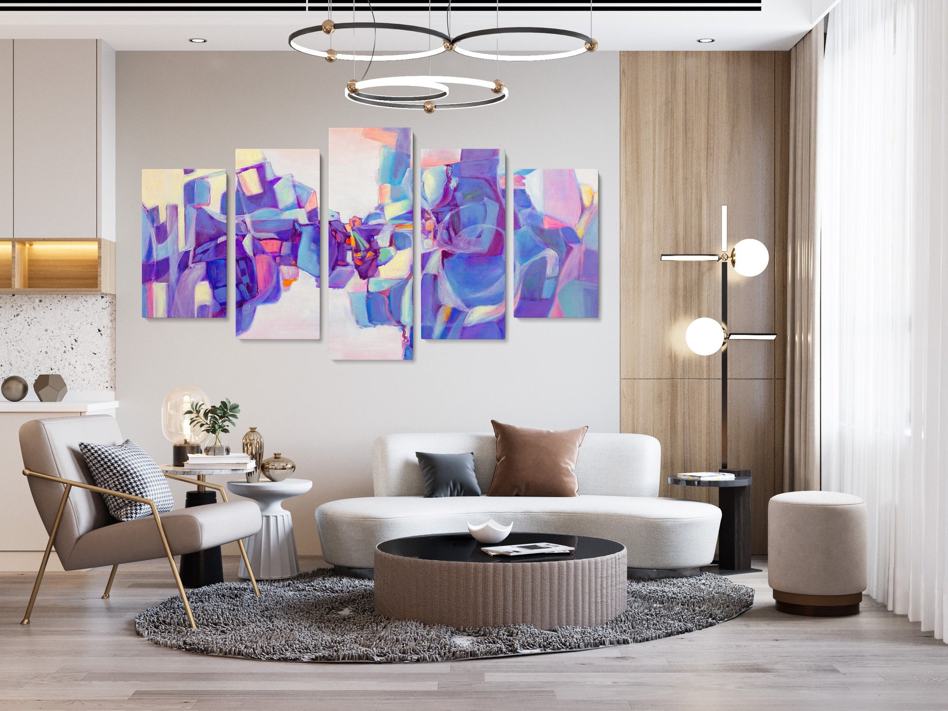 Abstract Wall Art Set Purple And Blue, 5 Panel Wall Art, Acrylic On Canvas, Office Wall Decor, Wall Hanging, Large Original Oil Painting