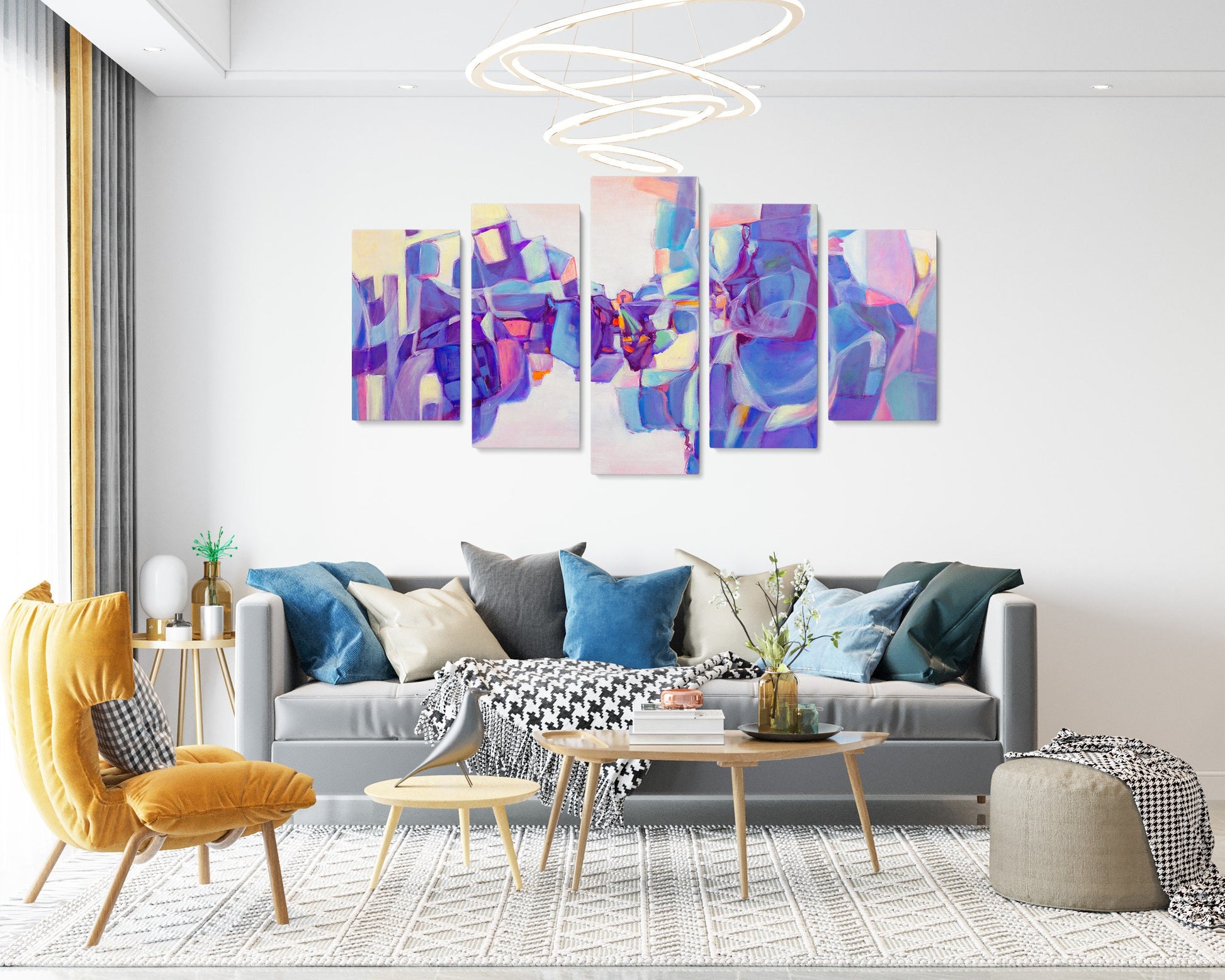 Abstract Wall Art Set Purple And Blue, 5 Panel Wall Art, Acrylic On Canvas, Office Wall Decor, Wall Hanging, Large Original Oil Painting