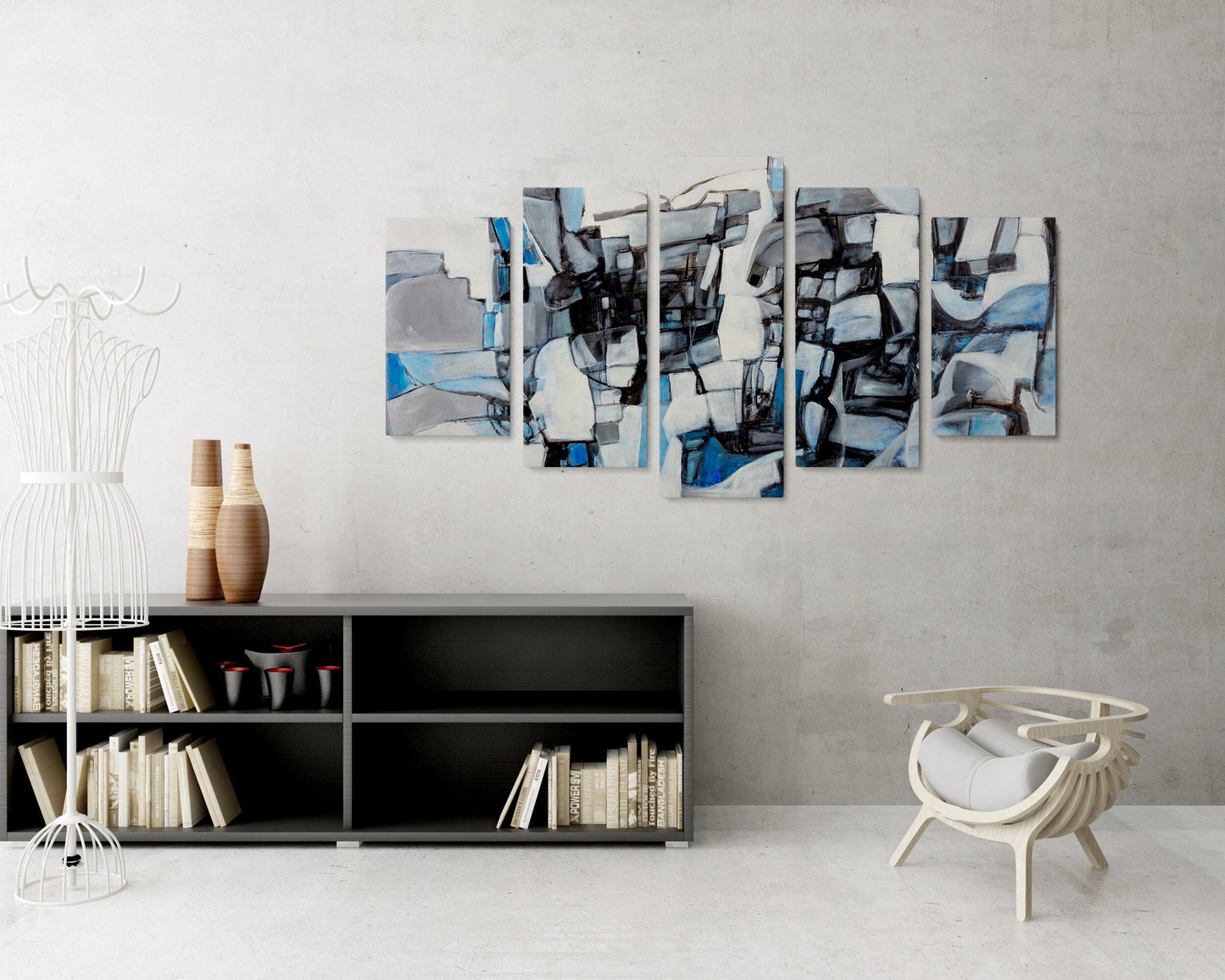 Abstract Painting Black And White Blue, Five Piece Canvas, Acrylic Painting, Contemporary Art, Original Wall Art, Abstract Wall Art Set