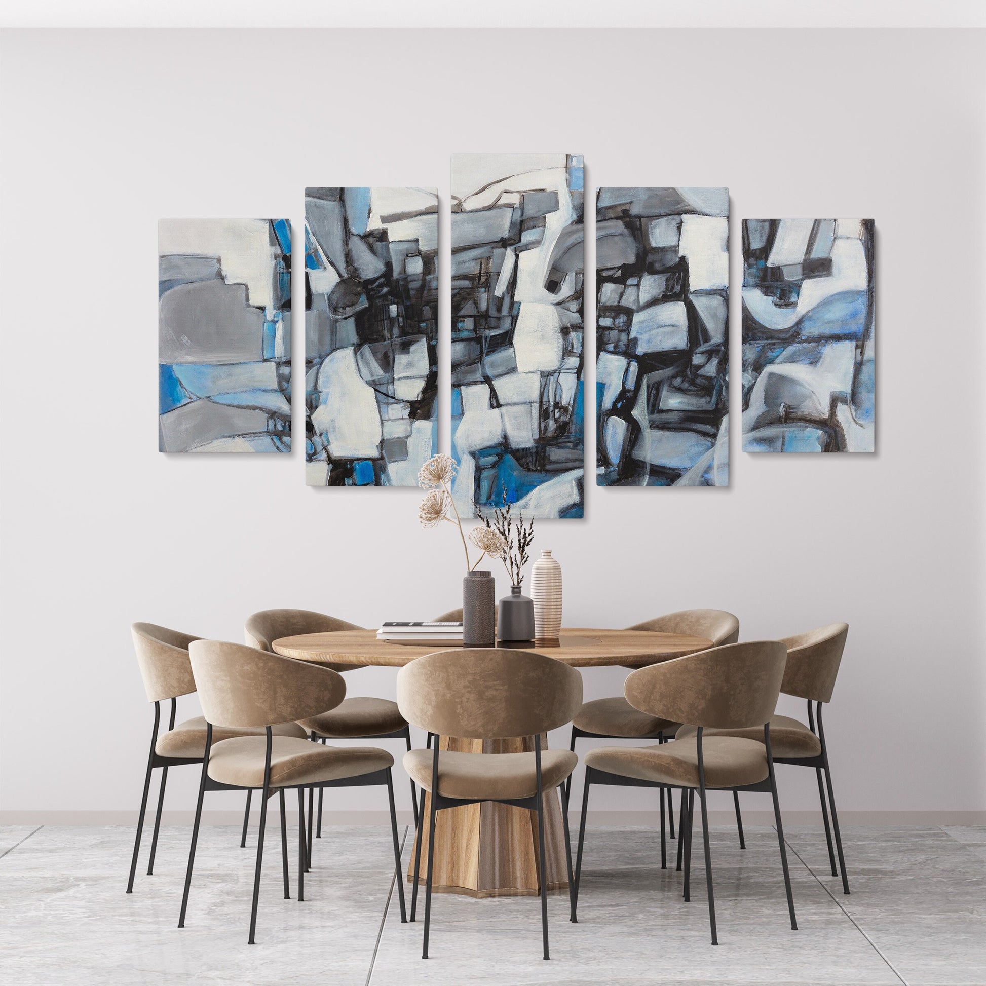 Abstract Painting Black And White Blue, Five Piece Canvas, Acrylic Painting, Contemporary Art, Original Wall Art, Abstract Wall Art Set