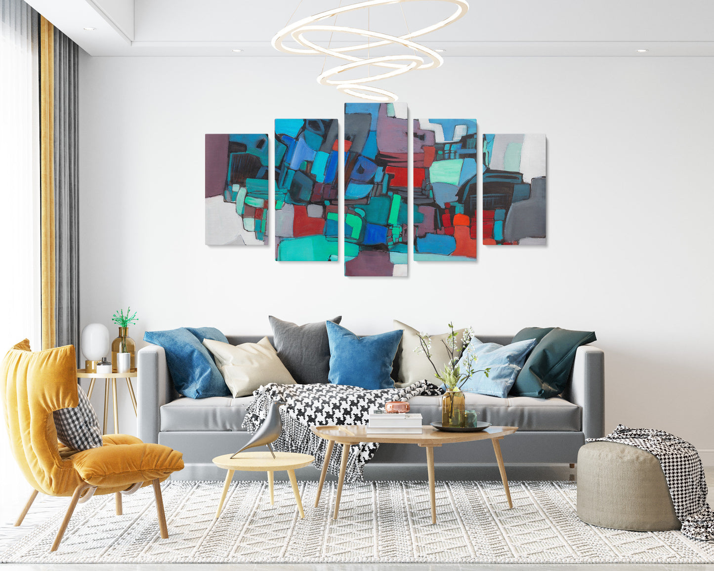 Abstract Painting Green Blue And Red, Five Piece Canvas, Large Abstract Painting, Wall Art, Abstract Wall Art Set, Stretched Ready To Hang