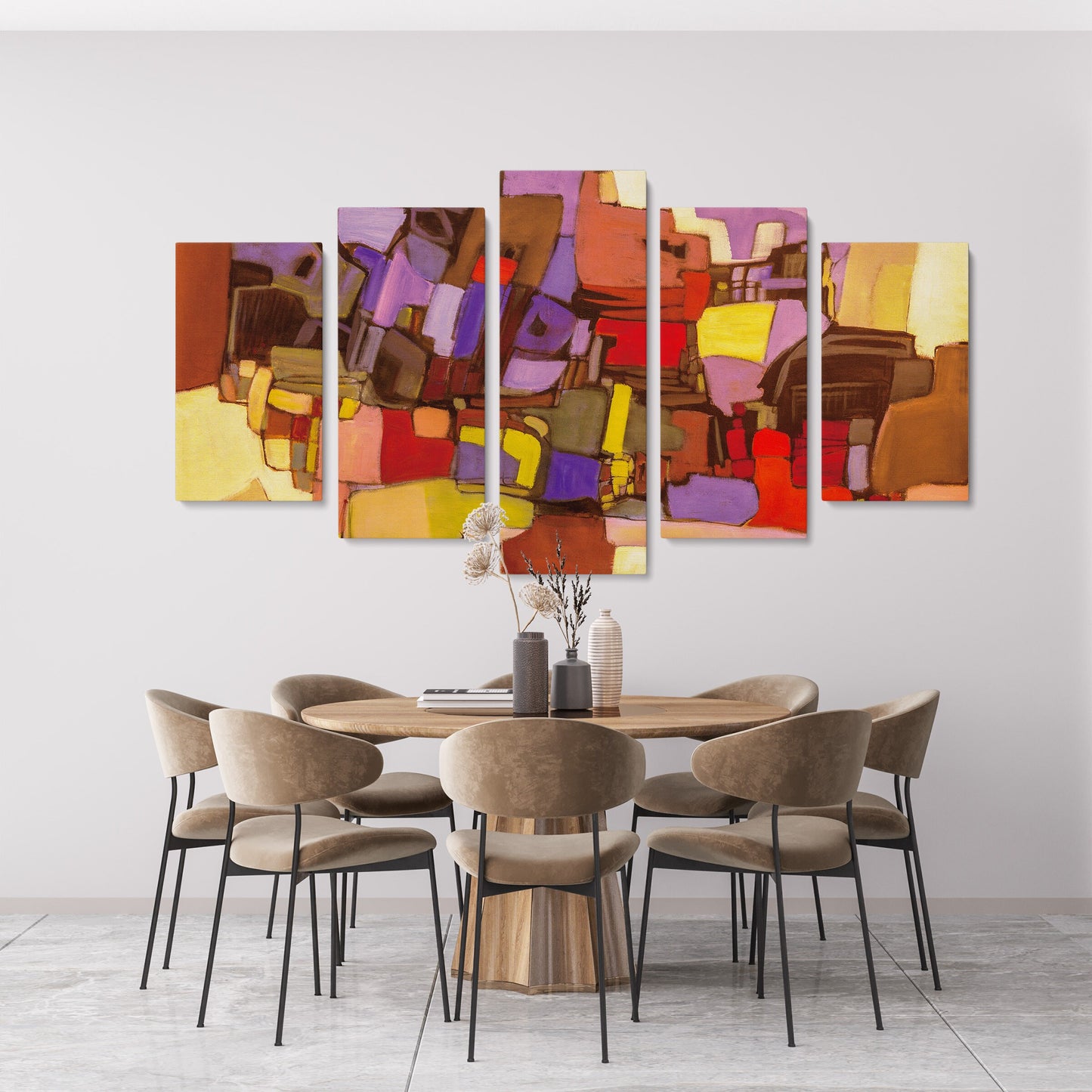 Abstract Wall Art Set Yellow And Red, 5 Panel Wall Art, Acrylic Painting, Abstract Canvas, Abstract Painting, Original Paintings, Handmade