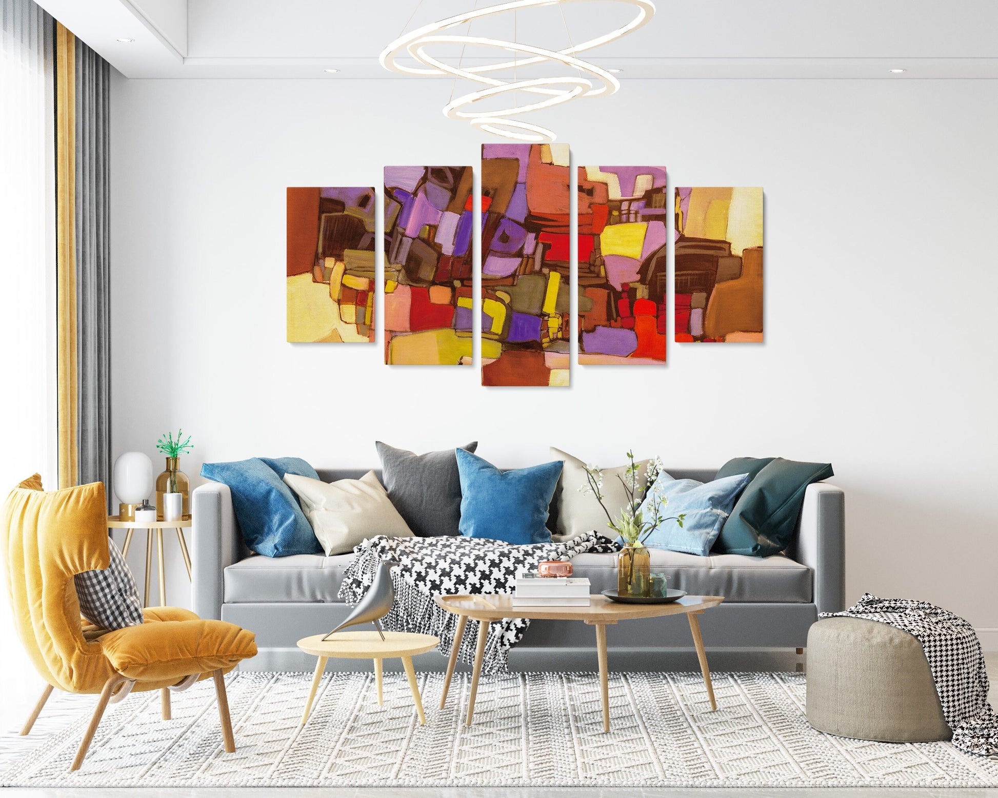 Abstract Wall Art Set Yellow And Red, 5 Panel Wall Art, Acrylic Painting, Abstract Canvas, Abstract Painting, Original Paintings, Handmade