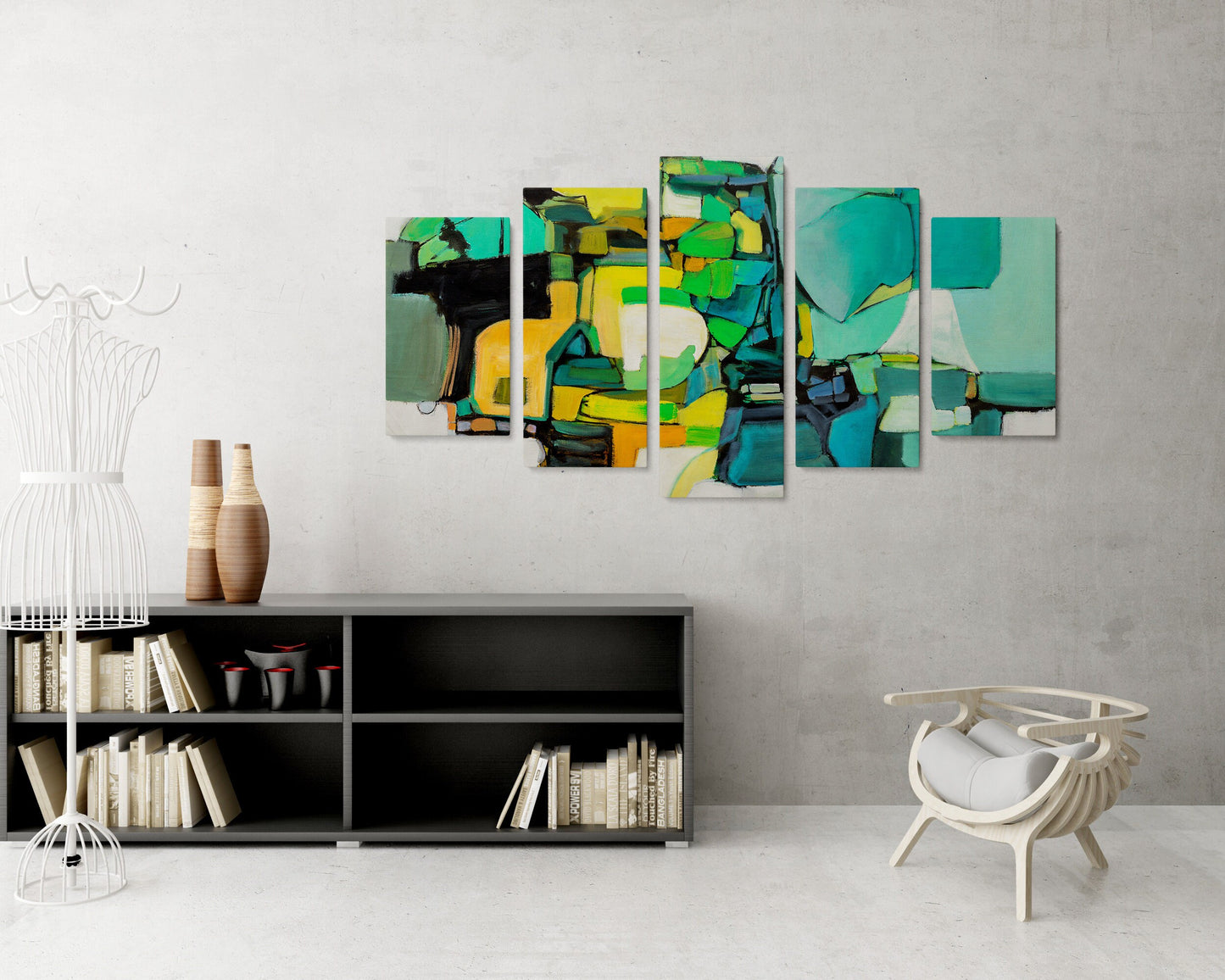 Abstract Wall Art Set Green And Yellow, Five Piece Canvas Wall Art Painting, Modern Art, Abstract Painting, Wall Hanging, Original Paintings