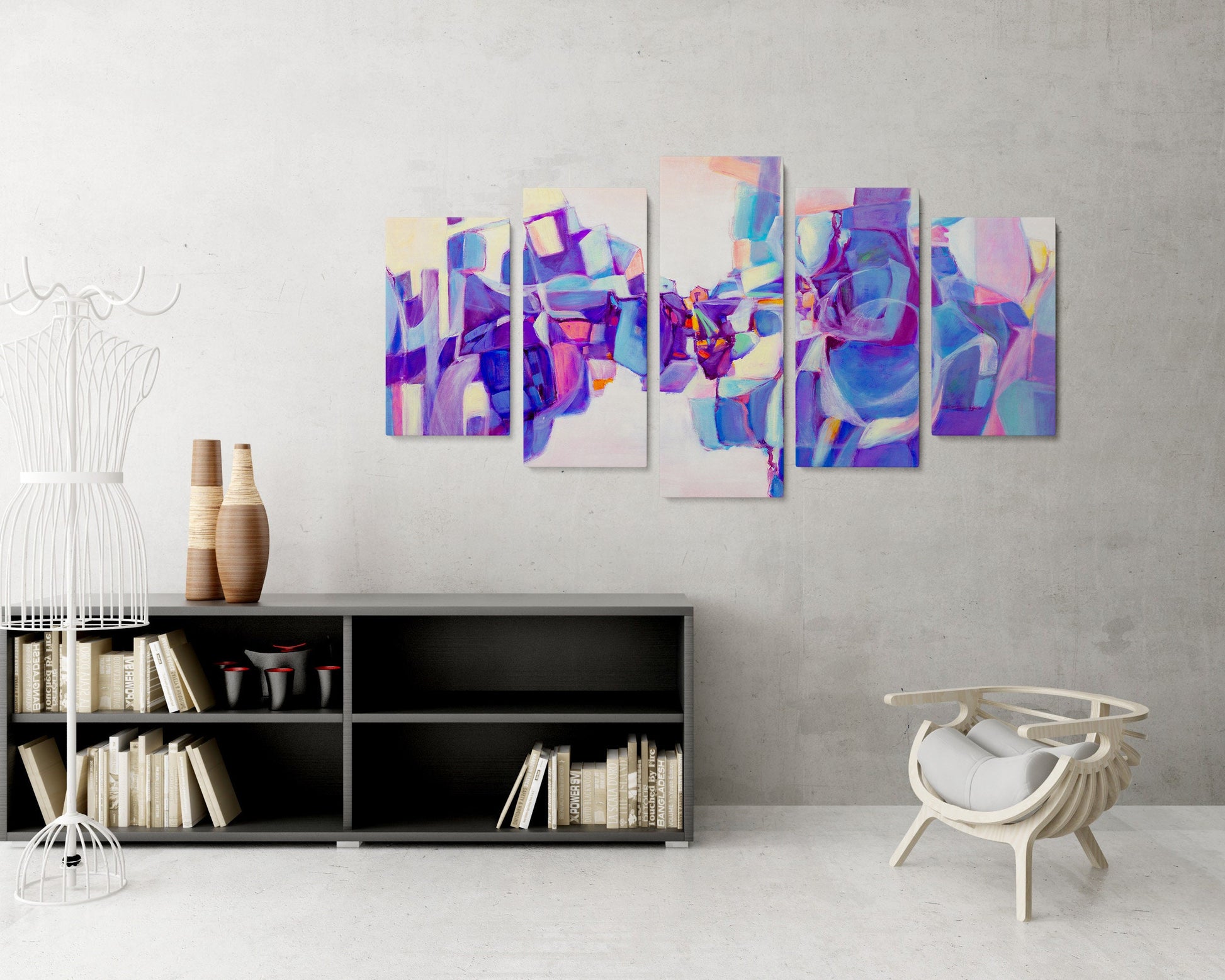 Abstract Wall Art Set Purple And Blue, 5 Panel Wall Art, Acrylic On Canvas, Office Wall Decor, Wall Hanging, Large Original Oil Painting