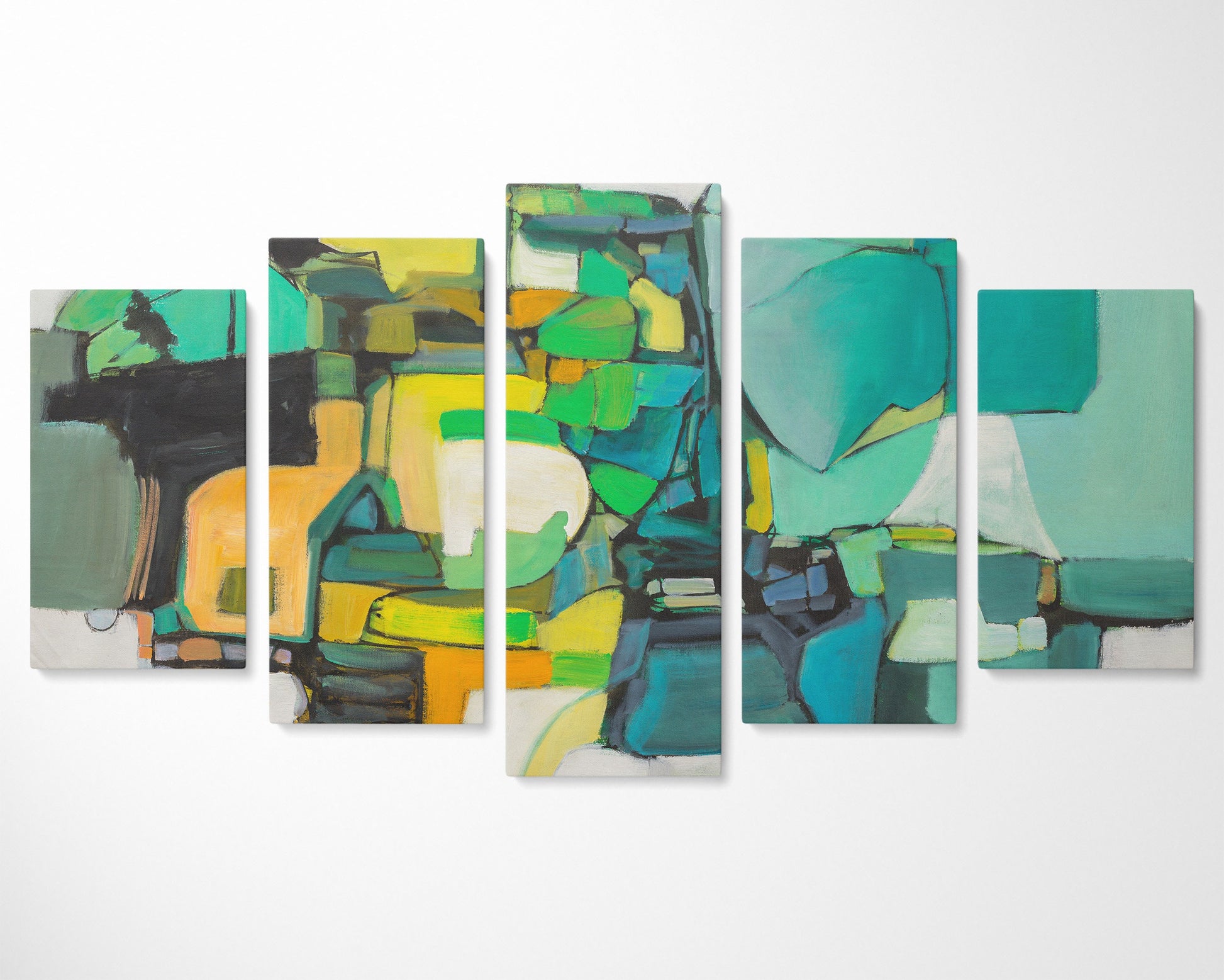 Abstract Wall Art Set Green And Yellow, Five Piece Canvas Wall Art Painting, Modern Art, Abstract Painting, Wall Hanging, Original Paintings