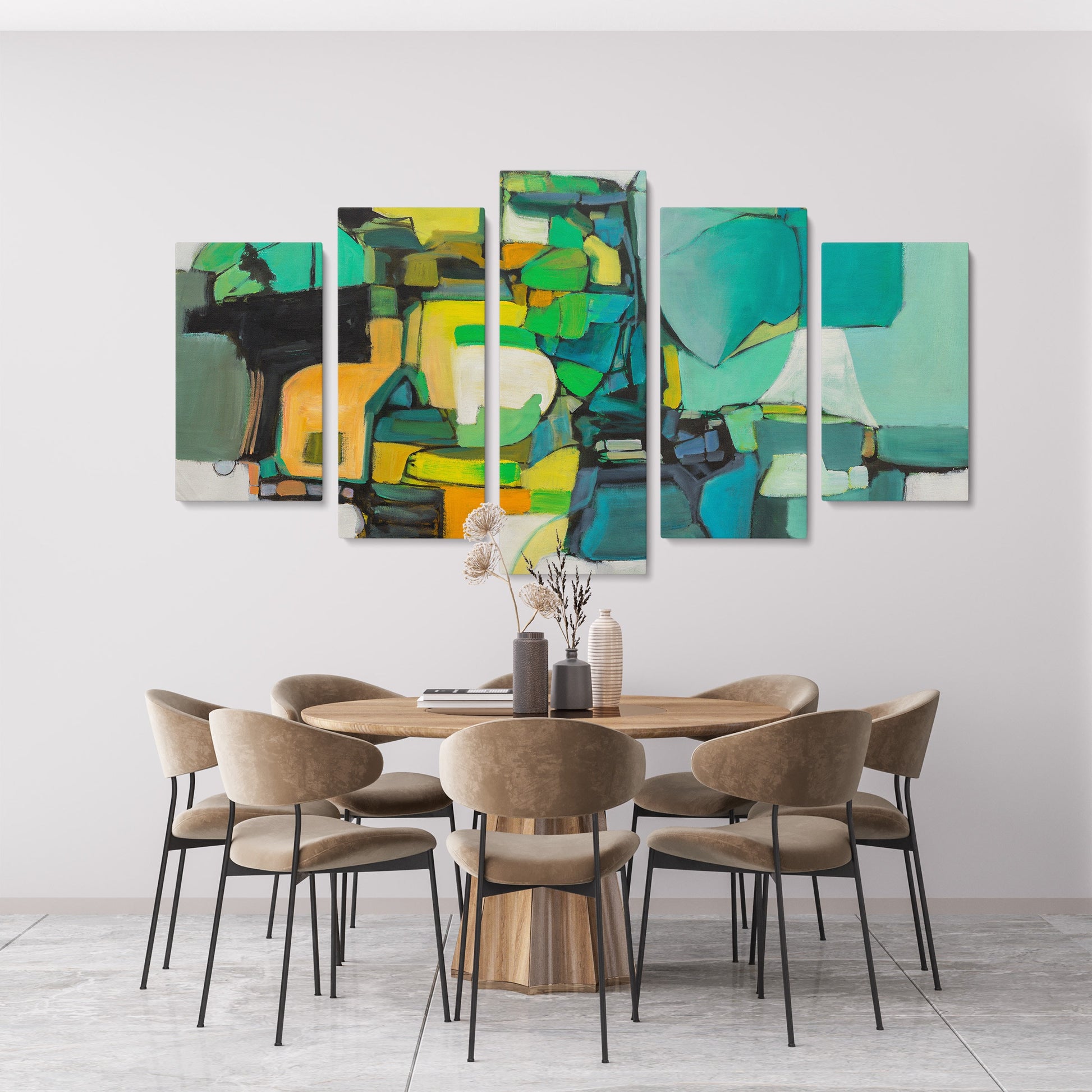 Abstract Wall Art Set Green And Yellow, Five Piece Canvas Wall Art Painting, Modern Art, Abstract Painting, Wall Hanging, Original Paintings