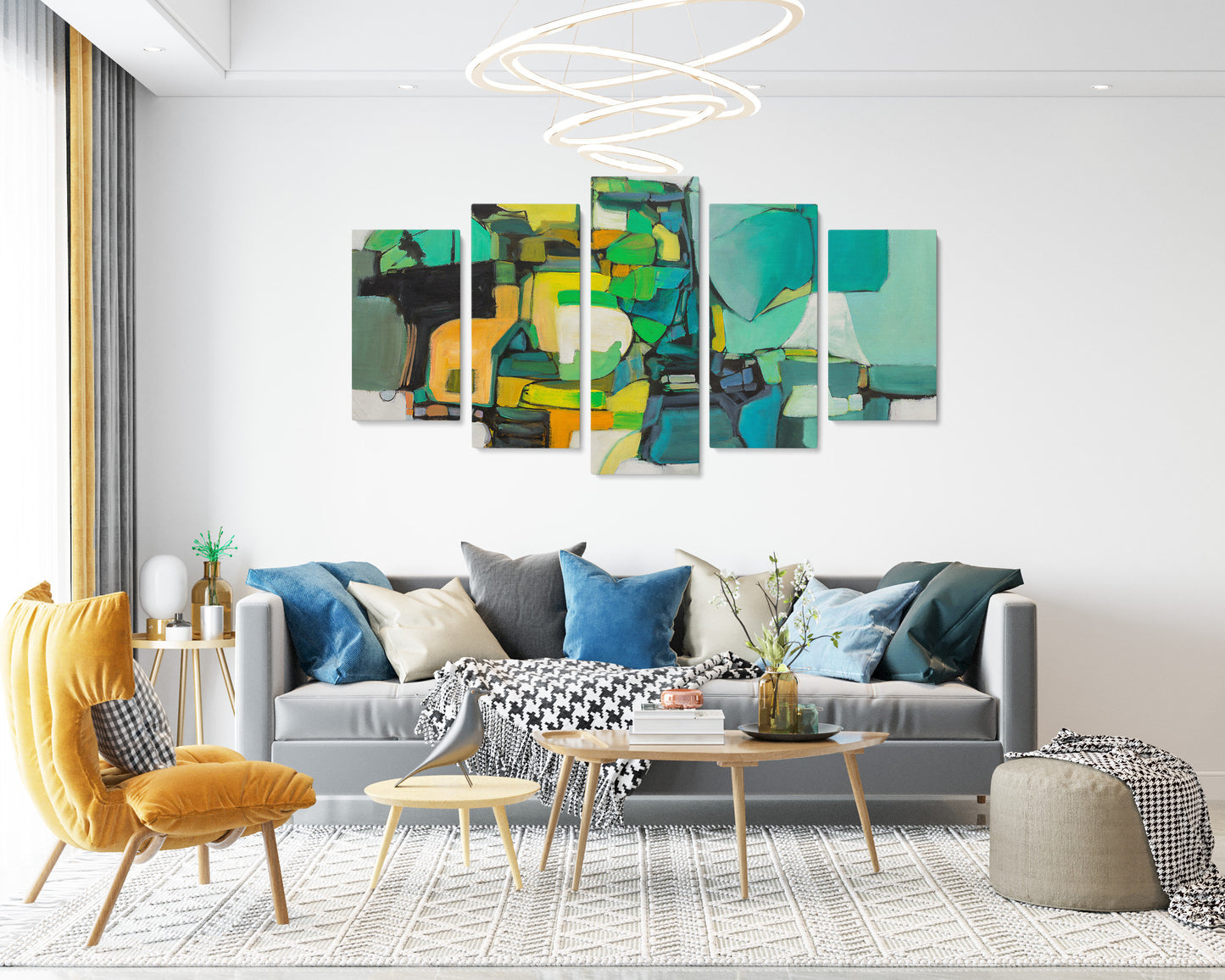 Abstract Wall Art Set Green And Yellow, Five Piece Canvas Wall Art Painting, Modern Art, Abstract Painting, Wall Hanging, Original Paintings